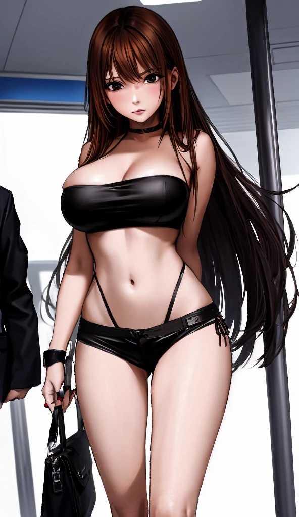 A beautiful adult woman with long, shoulder-length hair, big breasts, beautiful legs, and a sharp face is wearing a black tube top that exposes her navel and hot pants that look like black panties, and is standing in front of a middle-aged man in a suit on the train. I&#39;m standing there provoking。