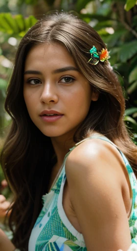 (best quality,ultra-detailed,photorealistic),young woman,beautiful eyes,detailed lips,pensive expression, soft lighting,vibrant colors, long flowing hair, stylish outfit, jungle background,colorful flowers,natural sunlight,serene atmosphere, hourglass figure, 4k details, crying face,  full body pose