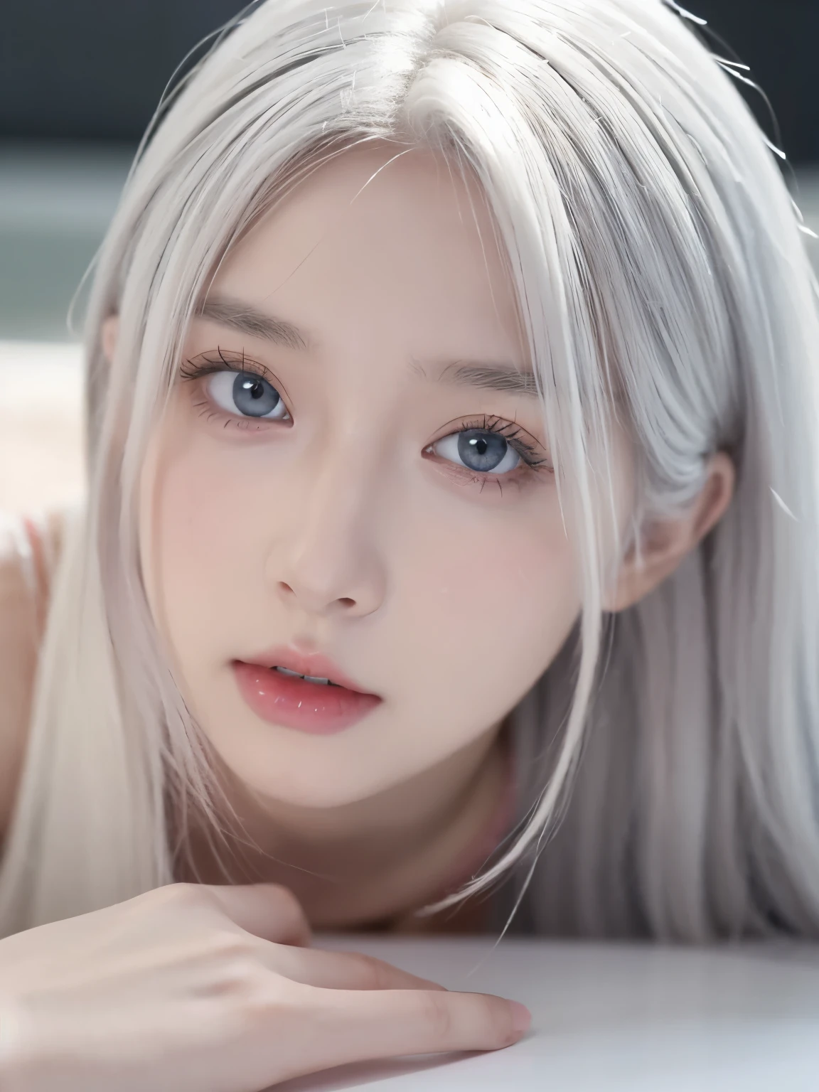 Be a girl with pink skin, pretty eyes (red eyes) as deep as the night sky, Half sad face lying on the table, White hair, looking at you, With anime/Semi-realistic art style
