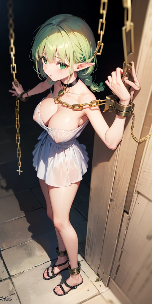 Female, standing, straight, 1girl, elf, green wavy hair, from above, medium breasts, suspended by arms, head down, POV, from the side, (dirty, bruise:1.2), cave floor, tiedup, rope, (Masterpiece), full body of a female, big breast, detailed face, full portrait, standing straight, shackles on arms and legs, black chocker on neck, SFW, WHITE TOGA, golden chains hands, golden chains legs, lascivous face, embarrassed, red cheeks, braid black hair, looking at viewer, handcuffs on their hands, with a collar around the neck, slave, ((black choker, shackles on legs and arms)) ((hands hidding behind body))