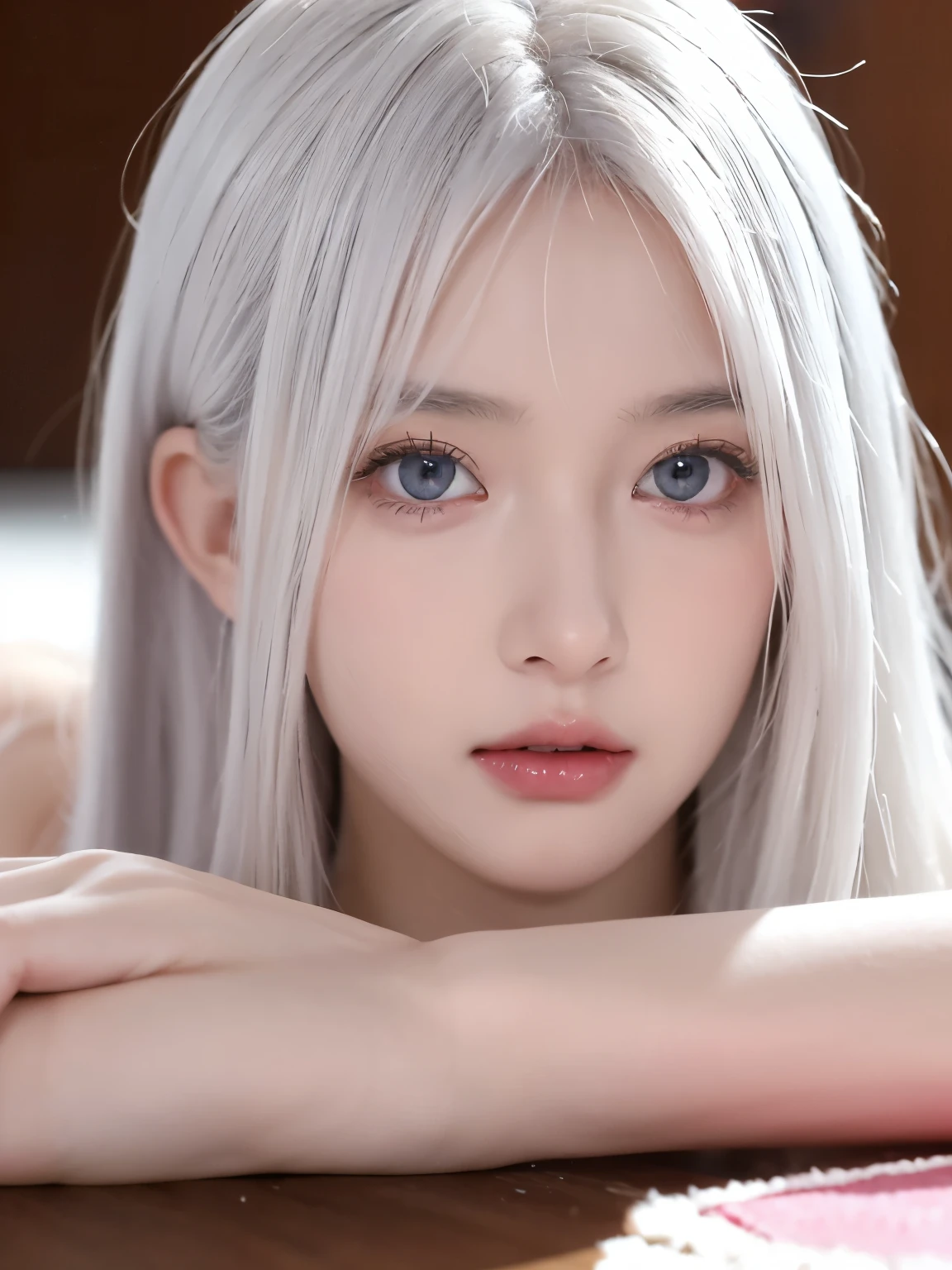 Be a girl with pink skin, pretty eyes (red eyes) as deep as the night sky, Half sad face lying on the table, White hair, looking at you, With anime/Semi-realistic art style
