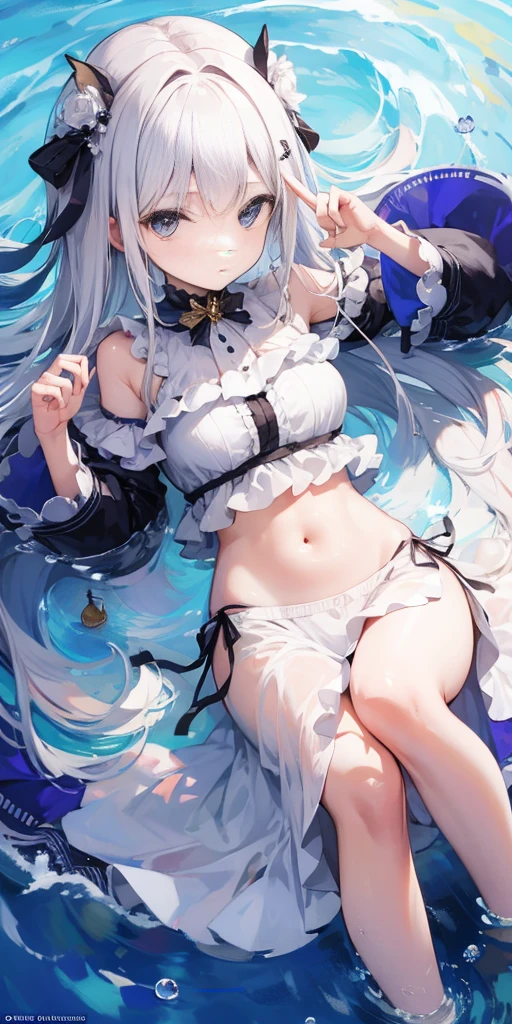 beautiful illustrations, highest quality, pretty girl,beautiful girl、clear face、 half girl、pastel colour 、blush、perfect hands、five fingers、fantasy、fantasy、thighs、(perfect face:1.1), smile、simple swimwear、white bikini、ponytail