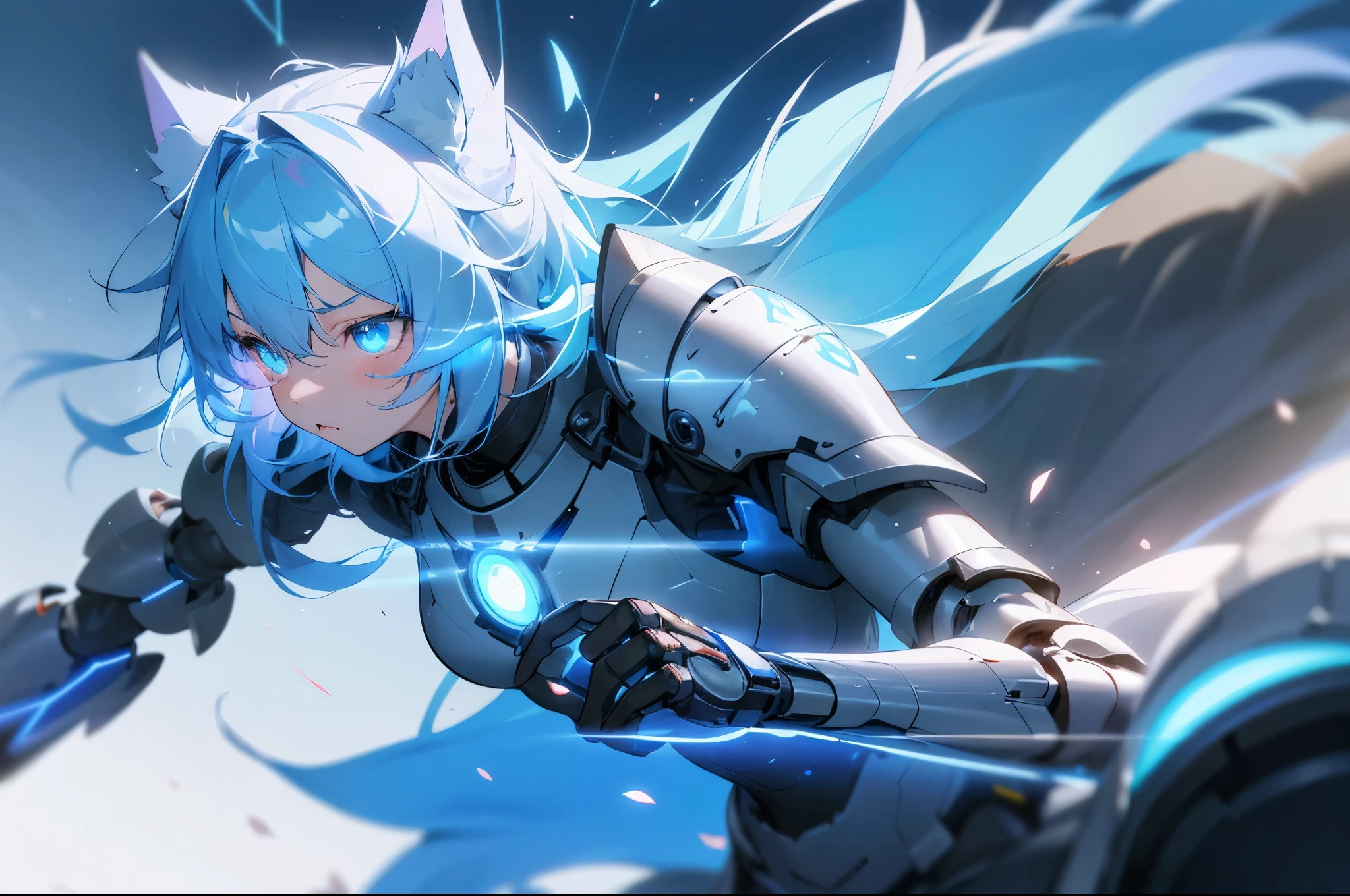 s girl，Azure hair，glowing hairs，glowing light eyes，Sky blue eyes，glowing light eyes，glowing light eyes，Machine armour wind，她与Up融为一体，Up，mechanical sense，samurais，salama，Wolf ears，incredulouust photo