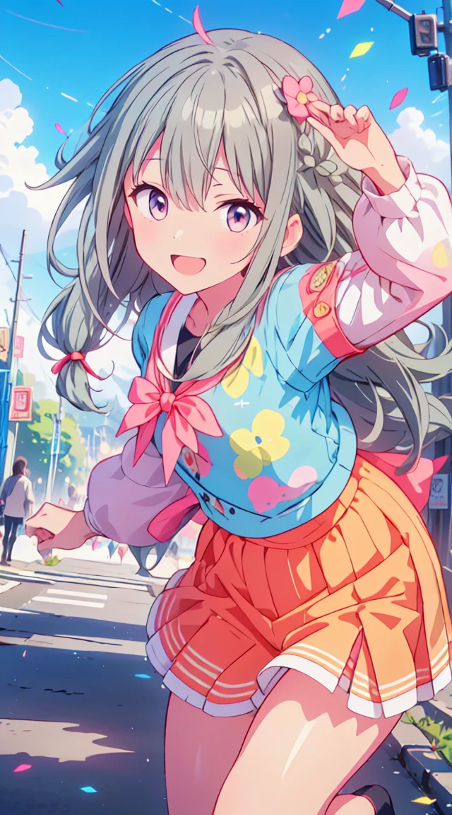 masutepiece, Best Quality,Illustration, Wallpaper, ultra -detail, 1loli、♡、Futomo、Strike a pose with a cheerful smile、校服、In the street