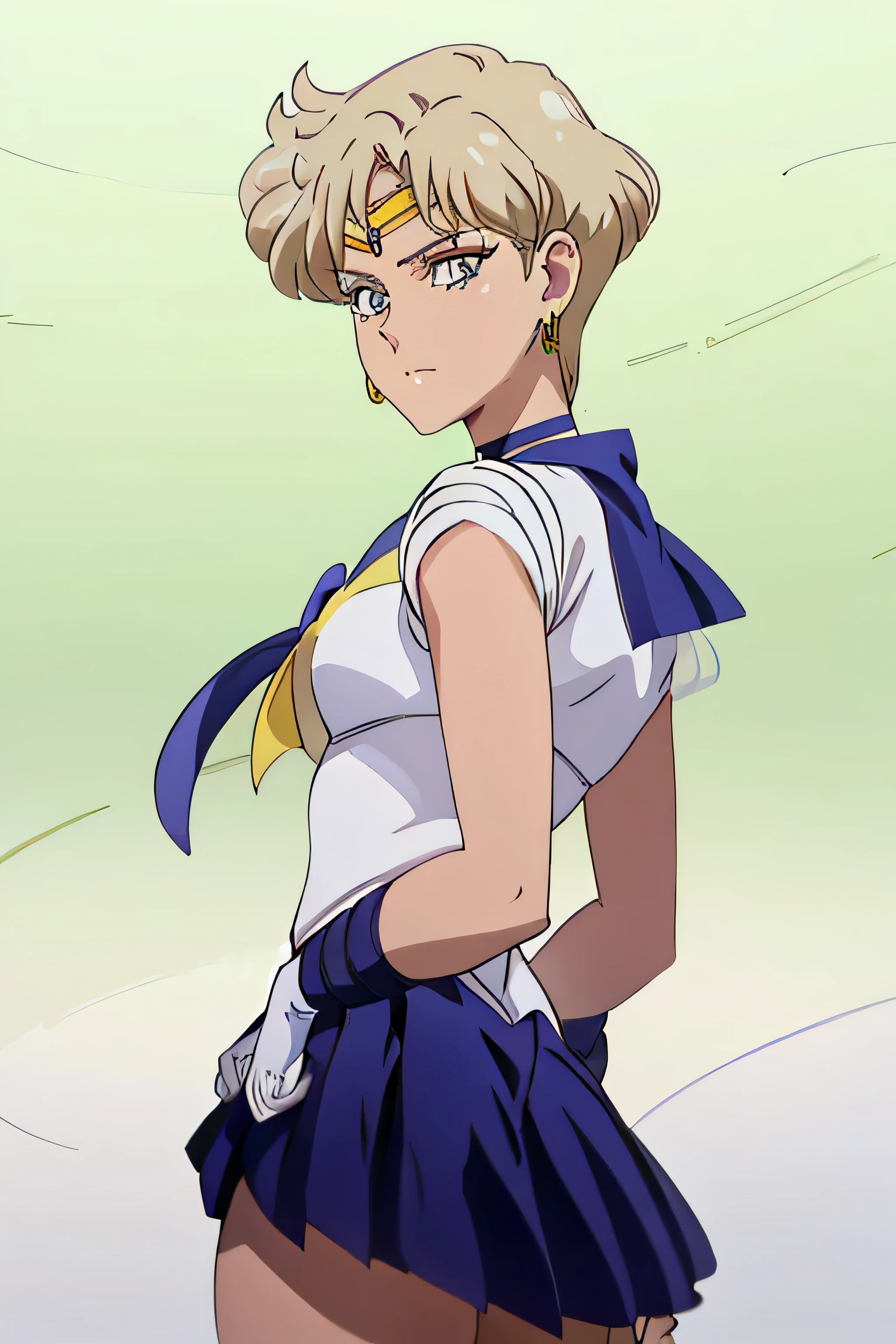 (La mejor calidad:1.1), (Obra maestra:1.4), (absurdos:1.0), retrato, primer plano,1girl, Marinero Urano, KizukiAi, Mujer madura, small breasts, aqua eyes, cabello rubio, Uniforme Sailor Senshi, Collar de marinero, arco de pecho, Arco trasero, Falda suplicante, Guantes blancos de codo, big booty, Ultra minifalda , jewely, Pendientes,, en postura de espalda, Show off your loot, Backwards, no thong big booty, Ultra minifalda ( Postura de la espalda, Backwards, Show off your loot) (Postura de la espalda)