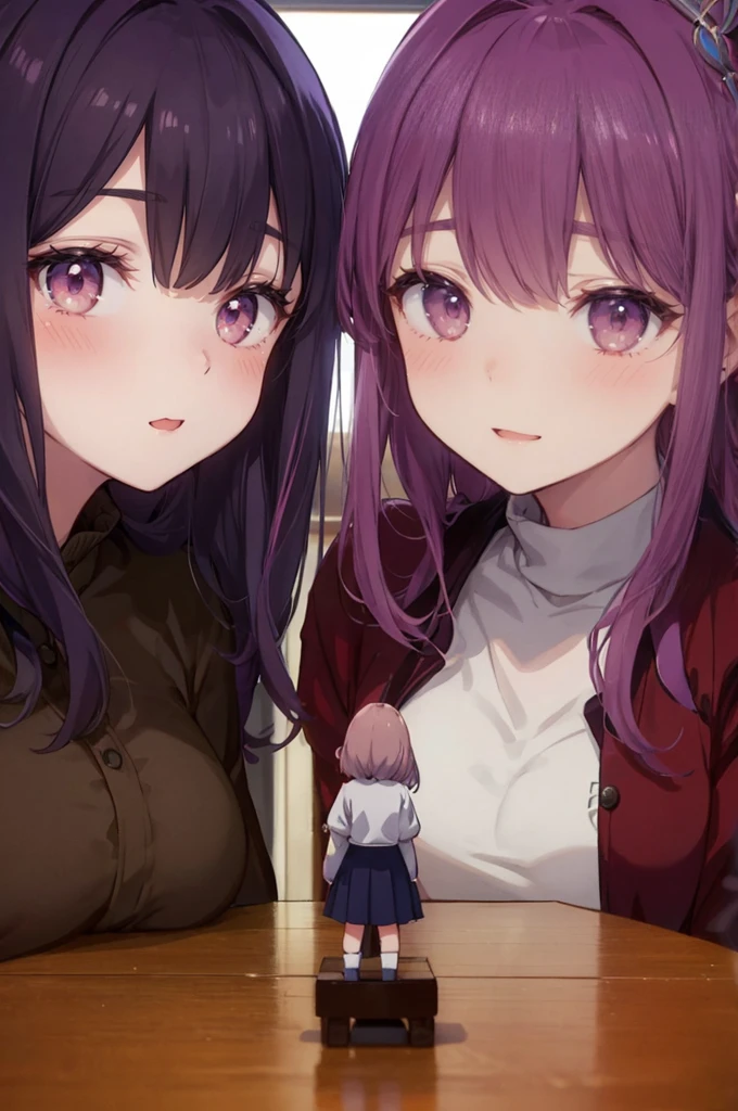 (two giant girls in front of a girl on a tiny table: 1.2), (two giants in front of a girl on a tiny table), (inside the pet shop: 1.3), simple background, (2girls:1.8), (teen girl clothing), cute modern clothing, (girl from rear view on a tiny platform:1.5), (rear view: 1.2), doll house, little plates of food, professionally drawn, (huge breasts), (cleavage sweat), (anime drawing:1.1), (simple bold lines: 1.1), (anime:1.1), (very cute anime girl), (bright), (low contrast), (prettiest teenage girl), (mature face: 1.4), (tall girl with big breasts: 1.2), :D