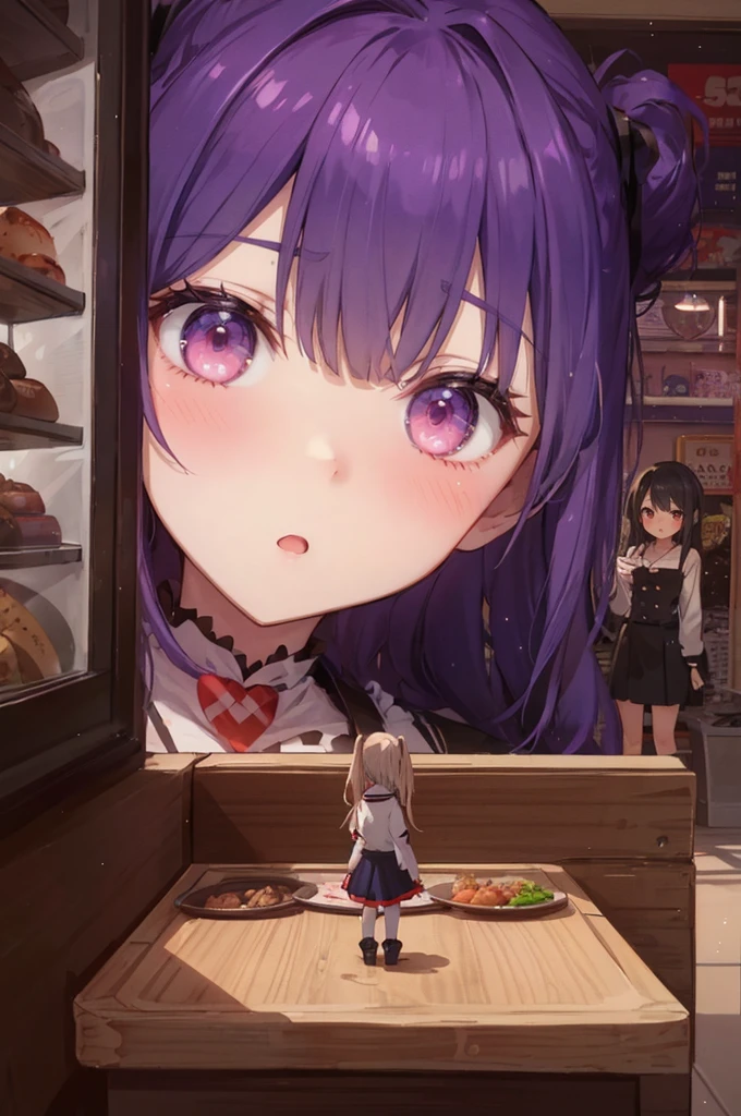 (two giant girls in front of a girl on a tiny table: 1.2), (two giants in front of a girl on a tiny table), (inside the pet shop: 1.3), simple background, (2girls:1.8), (teen girl clothing),  cute modern clothing, (girl from rear view on a tiny platform:1.5), (rear view: 1.2), doll house, little plates of food, professionally drawn, (huge breasts), (cleavage sweat), (anime drawing:1.1), (simple bold lines: 1.1), (anime:1.1), (very cute anime girl), (bright), (low contrast), (prettiest teenage girl), (mature face: 1.4), (tall girl with big breasts: 1.2)