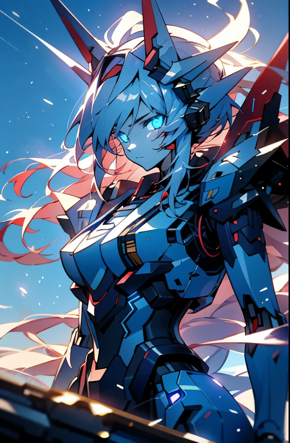 teens girl，Azure hair，She merges with Gundam，mechs，Sky blue eyes，glowing light eyes，glowing light eyes，samurailue lightning，Dark Department，Wolf ears
