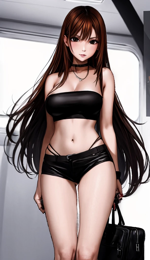 A beautiful adult woman with shoulder-length big breasts, beautiful legs, and a sharp face is provoking a middle-aged man in a suit on a train wearing a black tube top that exposes her navel and hot pants shaped like black panties. Masu。