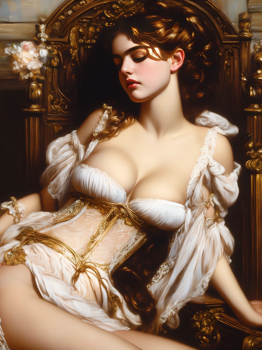 Oil art girl, victorian style, portrait, low neck corset, lace panties, big breasts, deep cleavage, fair skin, full lips