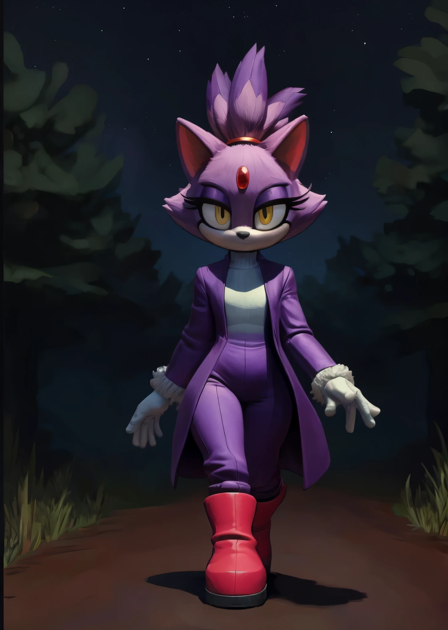 [Blaze the cat], [Uploaded to e621.net; (Pixelsketcher), (wamudraws), (napalm_express)], ((masterpiece)), ((HD)), ((High res)), ((furry)), ((solo portrait)), ((front view)), ((full body)), ((feet visible)), ((detailed fur)), ((detailed shading)), ((cel shading)), ((beautiful render art)), ((intricate details)), {anthro, purple fur, black nose, cat ears, (cute yellow eyes), (red gem on forehead), long tail, (tied-up hair), (curvy hips), (beautiful legs), (expressionless)}, {(purple trench coat), (tight white yoga bodysuit), (white wool-lined gloves), (red-pink wool-lined heel boots)}, {(walking), (arms at side), (looking at viewer)}, [background; (forest), (spruce trees), (nighttime), (starry sky), (ambient lighting)]