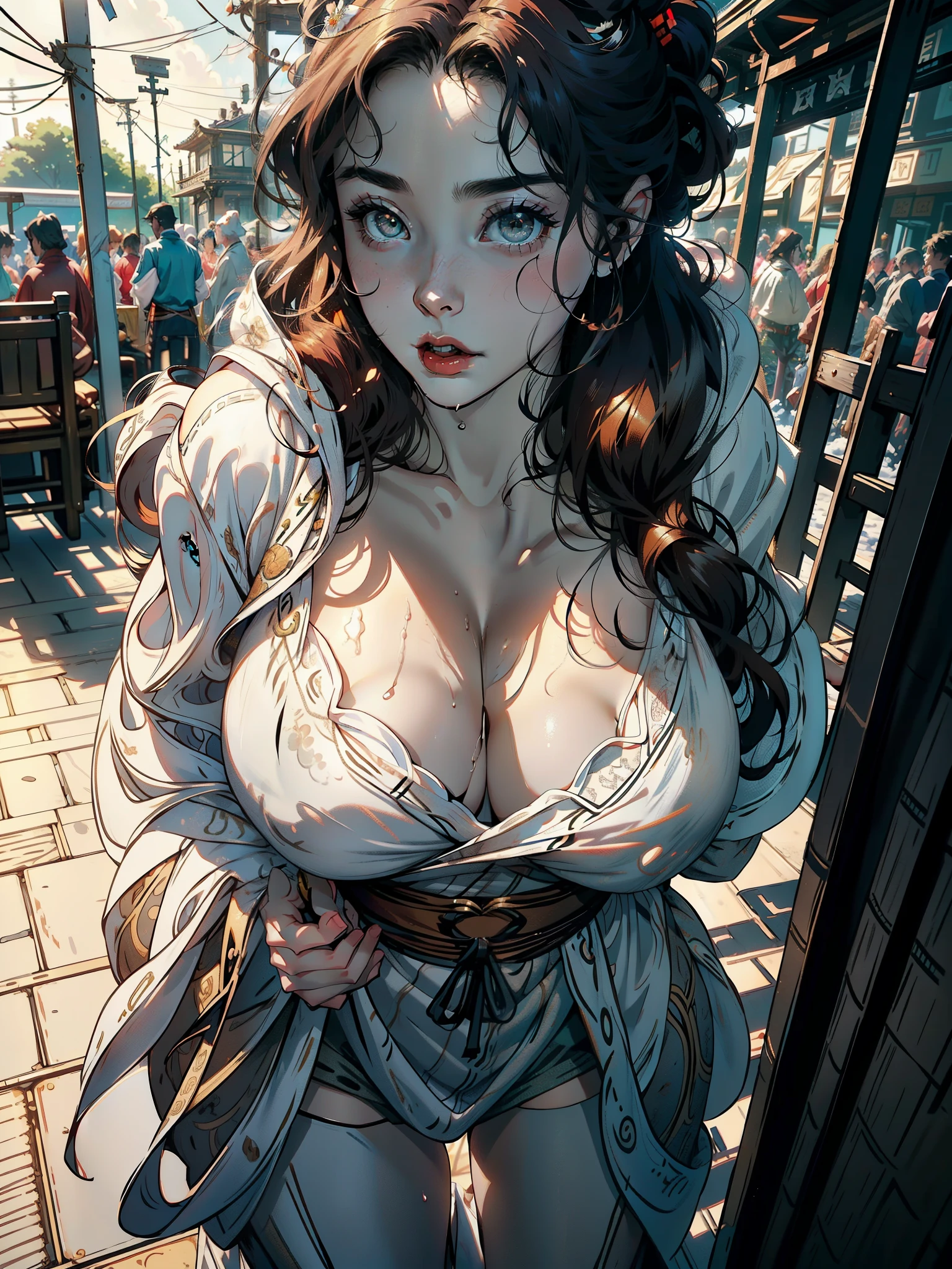 1womanl,33yo,,mature,extremely large bosom,Big breasts Thin waist,long leges,Raised sexy,Pornographic exposure, Snow-white skin,独奏,standing on your feet,She has long red hair,Red lip,dynamic poses,drenched all over the body,seen from the front, hair straight, mostly cloudy sky,(((tmasterpiece),(Very detailed CG unity 8K wallpaper),best qualtiy,cinematic lighting,detailed background,beautiful detailed eyes and pupils,(Very fine and beautiful),grey eyes,ultra - detailed,masterpiece,))(The upper part of the body),A high resolution,ultra - detailed),(Wearing:Transparent Hanfu, cleavage)