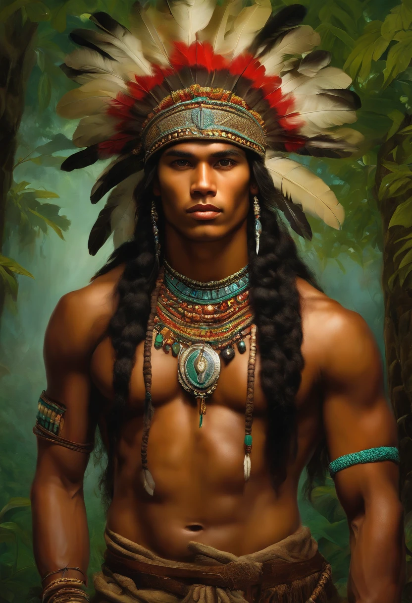 Painting of A strong and masculine young man ((man)), ((a most beautiful caboclo in the world)), 18 years old, indigenous, ((full body)), ((strong body, muscular legs)), ((headdress indigenous man with colorful feathers on his head)), long black hair, braided over his shoulders, ((green panther eyes, magnetic)), ((square face and sunken chin)), ((strong warrior expression)), (( hypnotic beauty)), sexy and hot, indigenous body paintings, body and beauty of a God, half-naked ((wearing wild animal skin)), ((in the background a sacred temple in the middle of a forest on a moonlit night full )), ((baroque painting style)), ((with panthers and jaguars))