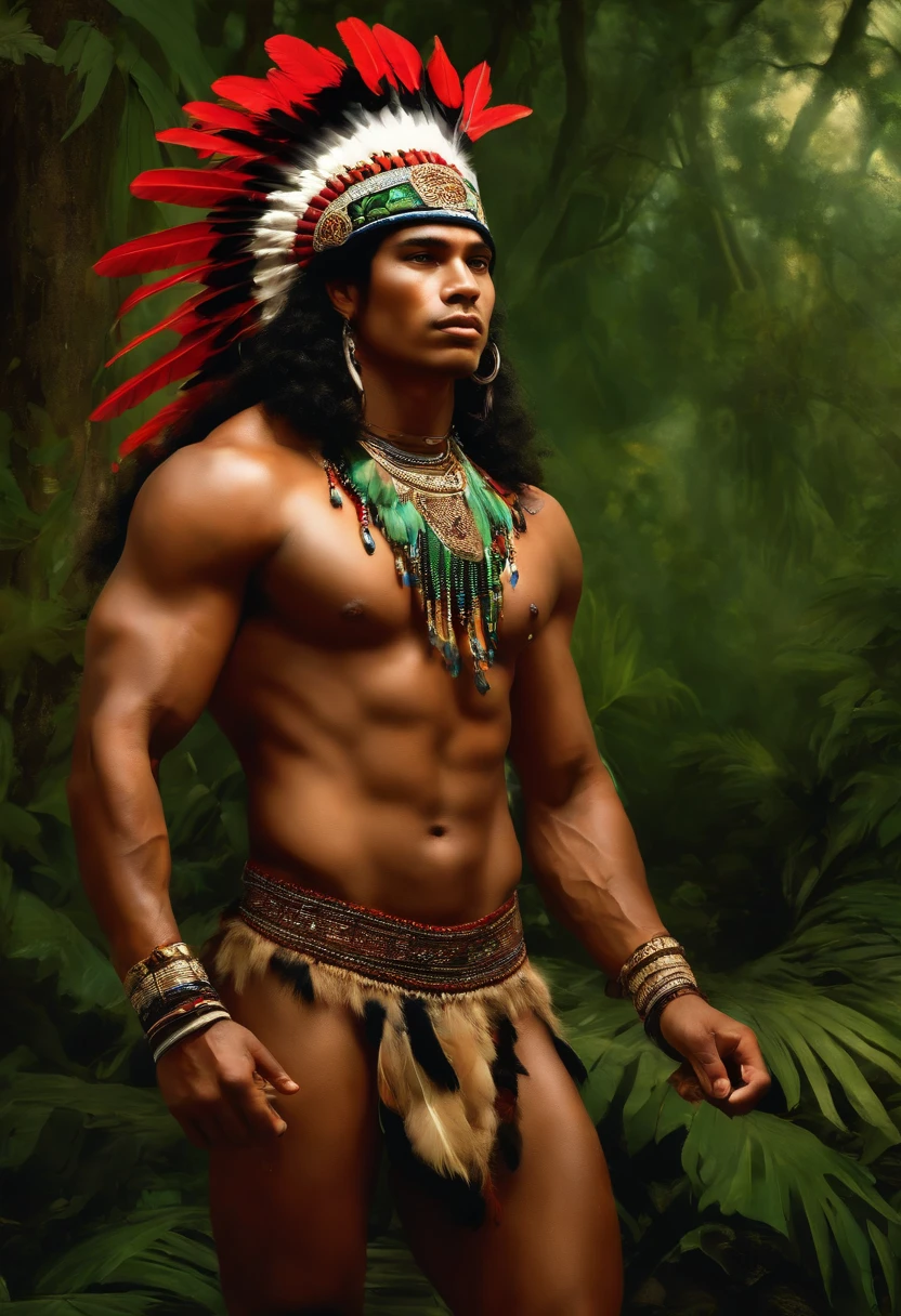 Painting of A strong and masculine young man ((man)), ((a most beautiful caboclo in the world)), 18 years old, indigenous, ((full body)), ((strong body, muscular legs)), ((headdress indigenous man with colorful feathers on his head)), long black hair, braided over his shoulders, ((green panther eyes, magnetic)), ((square face and sunken chin)), ((strong warrior expression)), (( hypnotic beauty)), sexy and hot, indigenous body paintings, body and beauty of a God, half-naked ((wearing wild animal skin)), ((in the background a sacred temple in the middle of a forest on a moonlit night full )), ((baroque painting style)), ((with panthers and jaguars))