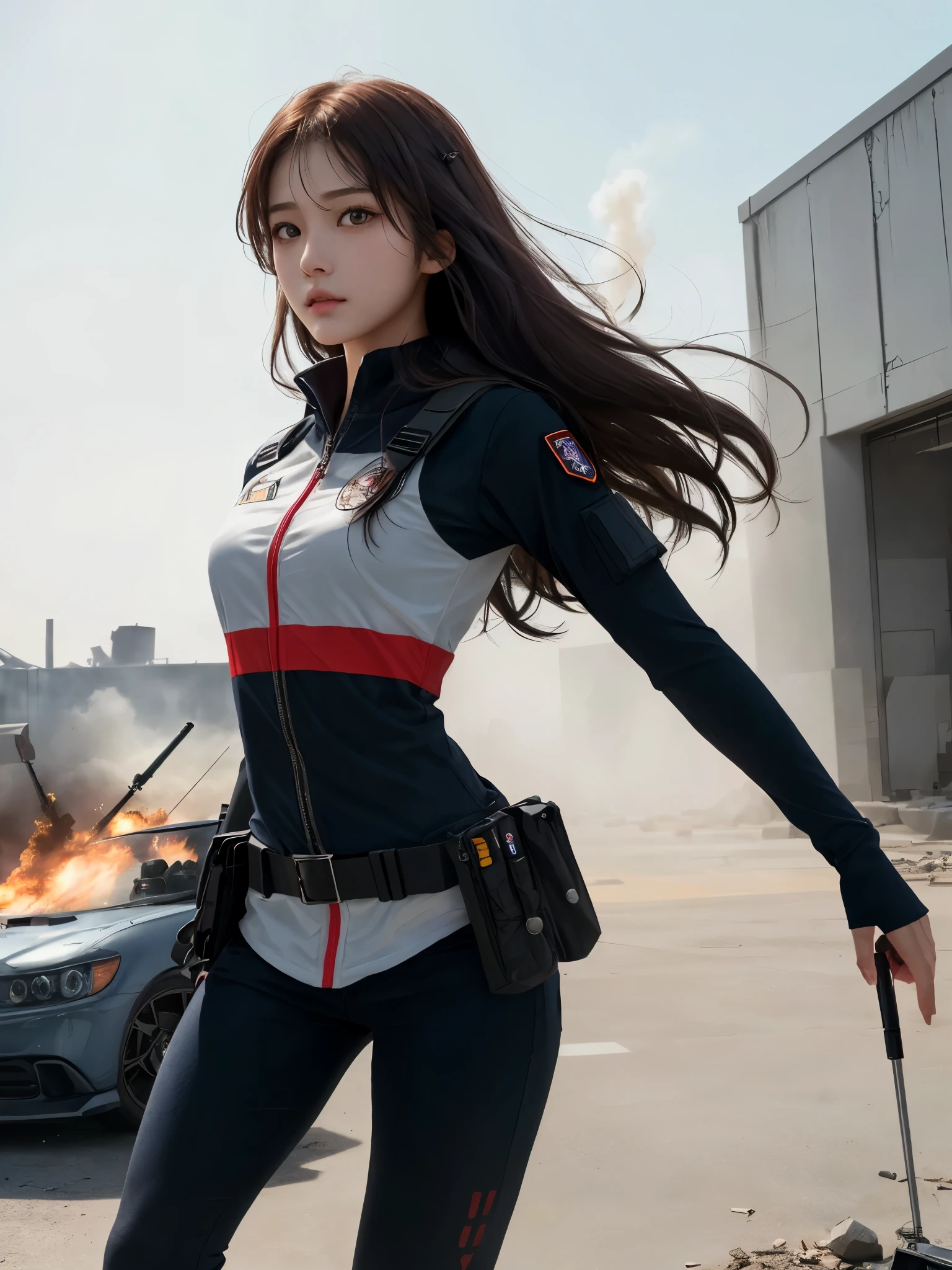 (1girl in:1.3), Solo, (((Very detailed face)))), ((Very detailed eyes and face)))), Beautiful detail eyes, Body parts__, Official art, Unified 8K Wallpaper, Beautiful and beautiful, Beautiful, masutepiece, Best Quality, Original, masutepiece, Super Fine Photo, Best Quality, 超A high resolution, Realistic realism, Sunlight, Full body portrait, Amazing beauty, Dynamic Pose, Delicate face, (Bright eyes from the front), She wears a combat suit, black with one -point red color scheme, women military uniform, Very detailed abandoned warehouse background, Detailed face, Detailed complex busy background, Messy, Gorgeous, Milky White, highly detailed skin, Realistic skin details, Visible Pore, Clear focus, Volumetric fog, 8K UHD, High quality, Film grain, Fair skin, photorealisim, Lomography, futuristic dystopian giant metropolis, Explosion smoke,emergency siren,In battle with the enemy,tense look,tense situation,Combat helicopter,Well-formed beautiful face,Oriental,Korea person,Super beautiful girl in her 10s,A girl full of spirit,Rushing through danger as a rescue worker,strong-willed woman,Strong Woman,former mercenary,fighting professional,Duties: Relief activity team leader,Clearing blue sky,A precious girl who defends the holy war with a pure heart.,Transport the minimum necessary medical equipment,Angle photo from below,Rin, the symbol of battle々Shishi Face,kawaii faces,CLC Yujin,ive Yujin,