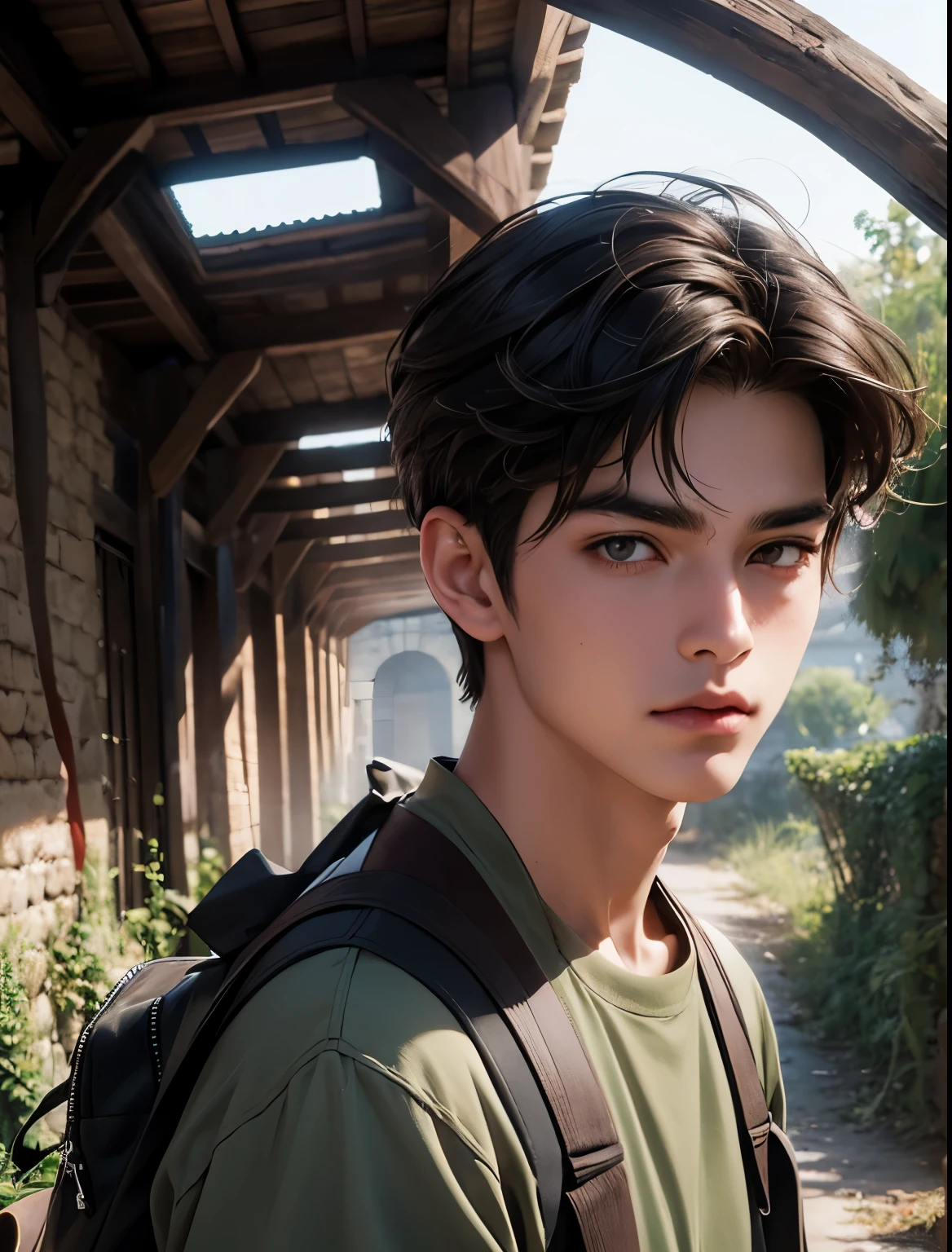 chico realista con cabello chestnut, ojos grises, peinado y con cabello ondulado, with exploration equipment, dentro de unas catacumbas de Paris, masculino, man in expedition clothing, 19 year old, dentro de las catacumbas, guapo, lindo, asiatic, pale-skin, asiatic, ojos asiatics, paisaje de catacumbas, cuevas, explorador, chestnut ojos claros, cabello chestnut platinado, cabello chestnut, (chestnut), tunel en ruinas, (old tunnel) grafitis, paredes con grafitis