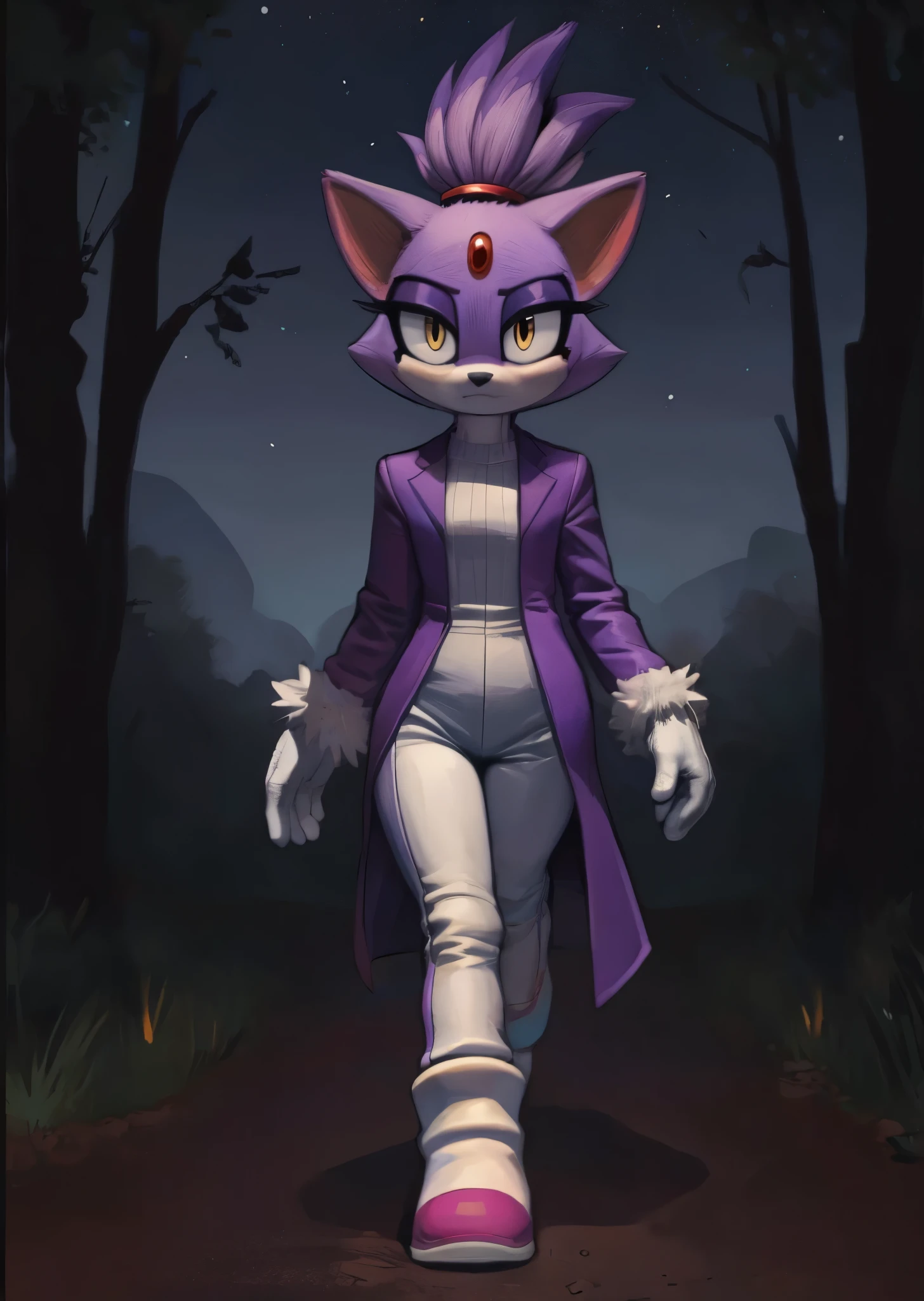 [Blaze the cat], [Uploaded to e621.net; (Pixelsketcher), (wamudraws), (napalm_express)], ((masterpiece)), ((HD)), ((High res)), ((furry)), ((solo portrait)), ((front view)), ((full body)), ((feet visible)), ((detailed fur)), ((detailed shading)), ((cel shading)), ((beautiful render art)), ((intricate details)), {anthro, purple fur, black nose, cat ears, (cute yellow eyes), (red gem on forehead), long tail, (tied-up hair), (curvy hips), (beautiful legs), (expressionless)}, {(purple trench coat), (tight white yoga bodysuit), (white wool-lined gloves), (red-pink heel boots)}, {(walking), (arms at side), (looking at viewer)}, [background; (forest), (spruce trees), (nighttime), (starry sky), (ambient lighting)]