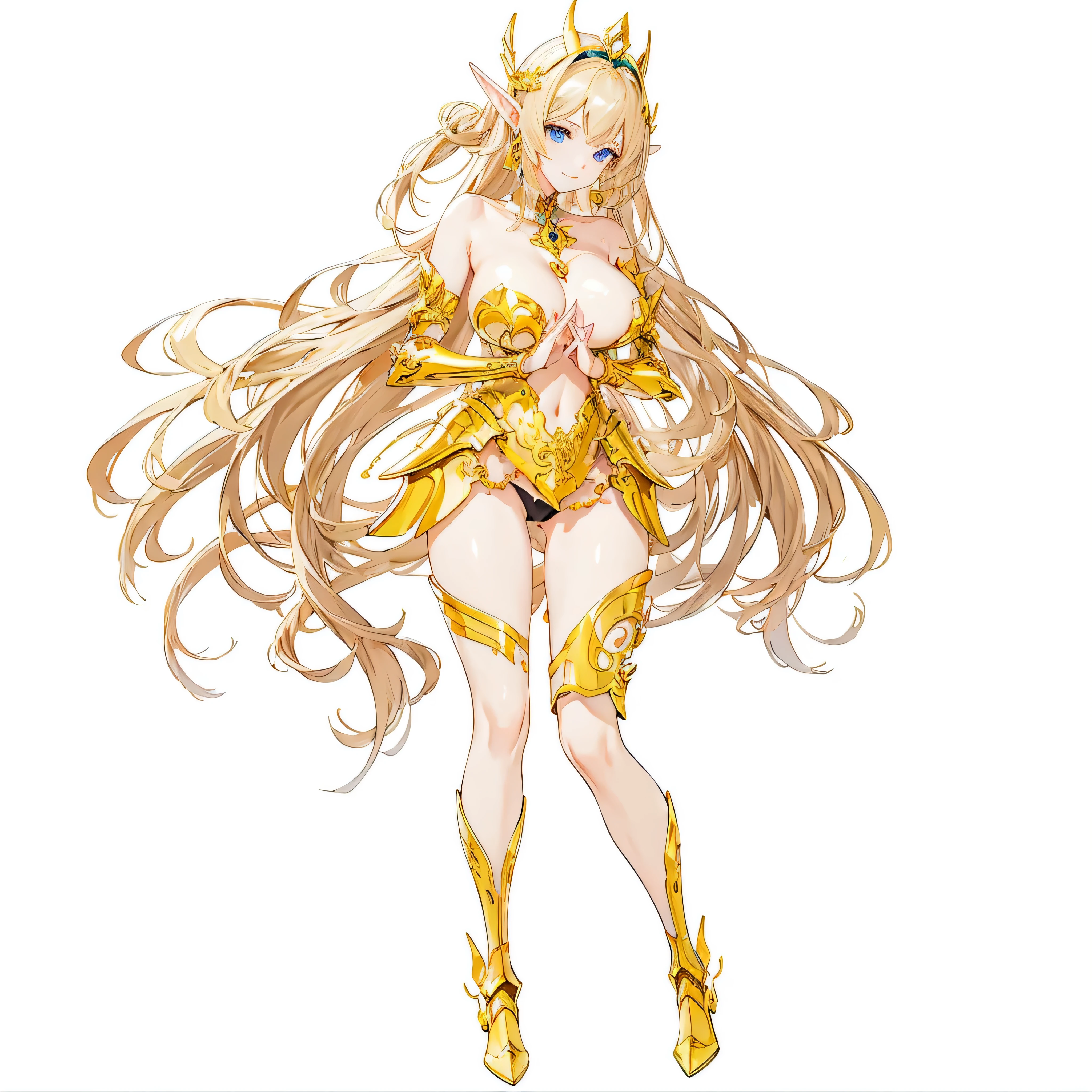 masterpiece、top-quality、ighly detailed、hight resolution、16k、fullnude、teats、Teetoob proportions、elvishの女の子、golden armour、Very thin skirt、Black pants、Very white skin、Beautiful fingers、Anime girl with very big breasts posing naked、Perfect Style、elvish、no-bra、Blonde blue-eyed、A smile、slim the contours