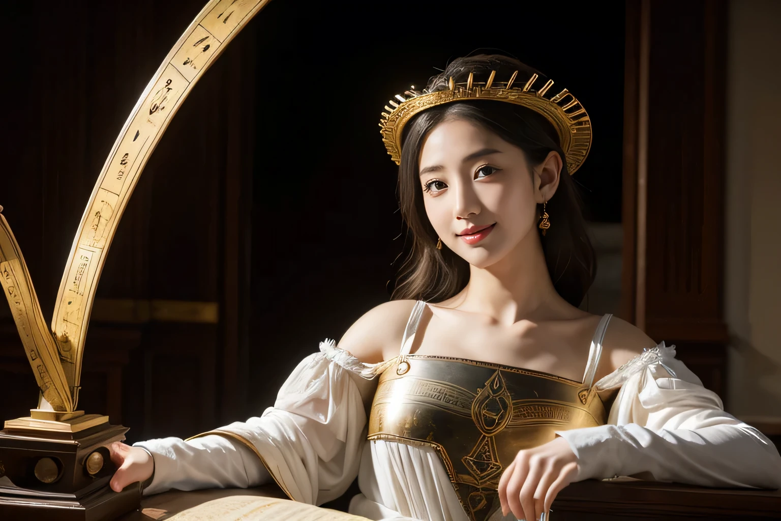 female mathematician,Ancient Greek costumes,Astronomical machinery,antique,A smile,,Sweet and seductive appearance.、Caravaggio's paintings、Chiaroscuro of Caravaggio,,Cute smile, Expression of ecstasy,erotick,A sexy