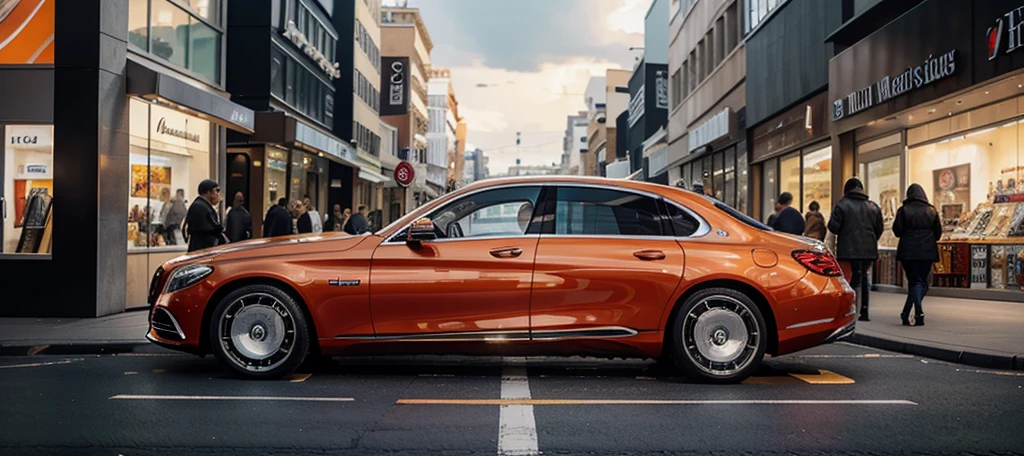 Mercedes-Maybach on the side of a busy shopping street, orange lightning, far and low view