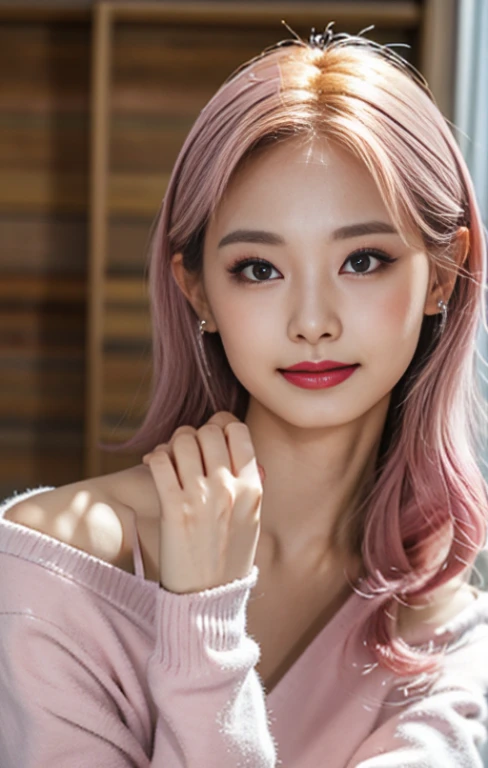 top-quality、masterpiece、超A high resolution、Photorealsitic、Raw foto、1girl in、A sexyな外見、Hair on the shoulders、The lower half is curled and sauvage、Cute smile like a model、Hair color is blonde、Ordinary high heels、Eyes are double、Wearing mascara、モデルのようなkawaiiポーズ、Clear face、Gorgeous like a model、Ultimate Beauty、Cute smile、A slight smil、TWICEのツウィみたいなrenな顔、masuter piece、Best Quality、Cold winter clothes、ren、kawaii、lyin in bed、A sexy、Exposed thighs、an lingerie、lipstick is dark pink