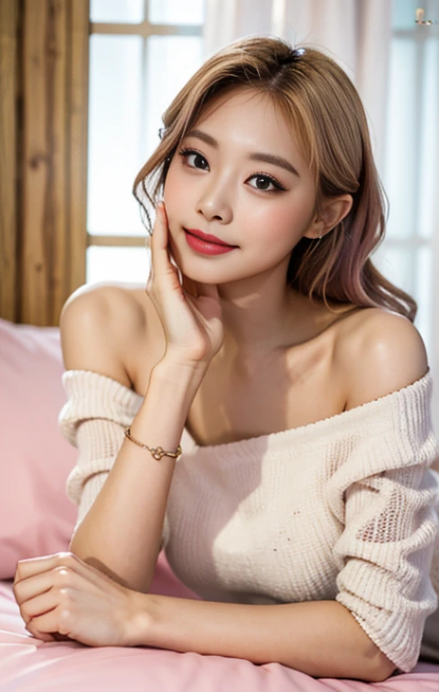 top-quality、masterpiece、超A high resolution、Photorealsitic、Raw foto、1girl in、A sexyな外見、Hair on the shoulders、The lower half is curled and sauvage、Cute smile like a model、Hair color is blonde、Ordinary high heels、Eyes are double、Wearing mascara、モデルのようなkawaiiポーズ、Clear face、Gorgeous like a model、Ultimate Beauty、Cute smile、A slight smil、TWICEのツウィみたいなrenな顔、masuter piece、Best Quality、Cold winter clothes、ren、kawaii、lyin in bed、A sexy、Exposed thighs、an lingerie、lipstick is dark pink
