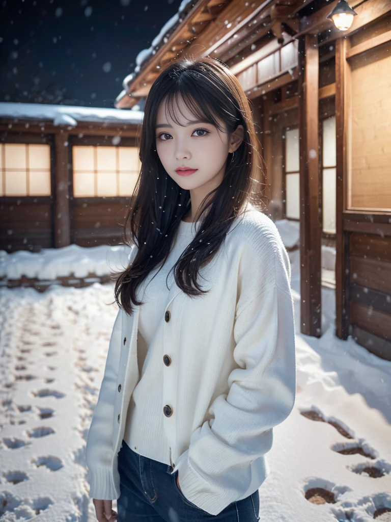 (ultra-detailliertなきもの)、(Light makeup)、(top-quality,masterpiece:1.3,超A high resolution,),(ultra-detailliert,Caustics),(Photorealsitic:1.4,RAW shooting,)Ultra-realistic capture,(32k,high detal,high-detail、masterpiece,Attention to detail,full body Esbian,独奏,Lori:1.6),Raw photo & realistic atmosphere,beautiful dark blue eyes,Detailed mouth,Glossy lips,Detailed eyebrows,Eyes drawn in detail with soft white skin that shines with every detail)、、 (Skin texture is natural、、The skin looks healthy with an even tone、 Use natural light and color,One Woman,japanes,,kawaii,A dark-haired,Middle hair,(depth of fields、chromatic abberation、、Wide range of lighting、Natural Shading、)、、(Exterior light at night:1.4)、(Falling snow:1.2)、(Hair swaying in the wind:1)、(Snow reflects light:1.3)、The whole body is reflected、FULL BODYSHOT,