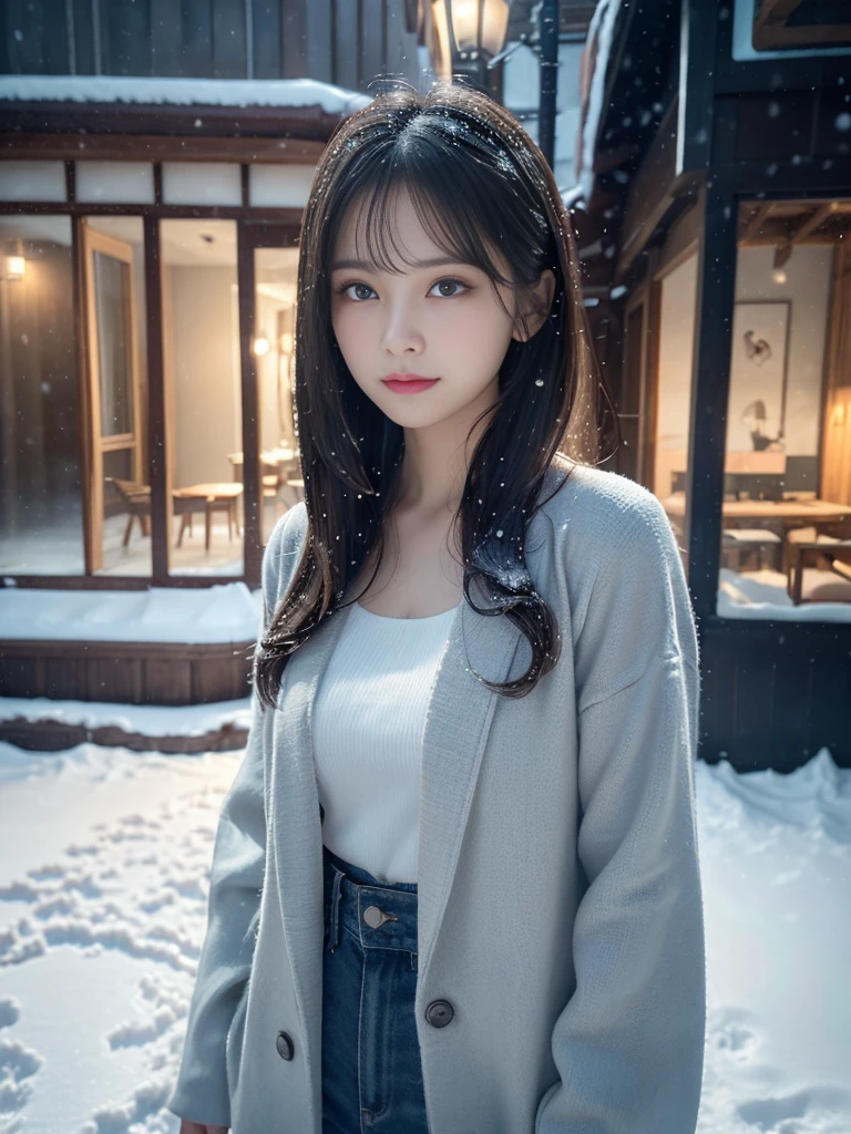 (ultra-detailliertなきもの)、(Light makeup)、(top-quality,masterpiece:1.3,超A high resolution,),(ultra-detailliert,Caustics),(Photorealsitic:1.4,RAW shooting,)Ultra-realistic capture,(32k,high detal,high-detail、masterpiece,Attention to detail,full body Esbian,独奏,Lori:1.6),Raw photo & realistic atmosphere,beautiful dark blue eyes,Detailed mouth,Glossy lips,Detailed eyebrows,Eyes drawn in detail with soft white skin that shines with every detail)、、 (Skin texture is natural、、The skin looks healthy with an even tone、 Use natural light and color,One Woman,japanes,,kawaii,A dark-haired,Middle hair,(depth of fields、chromatic abberation、、Wide range of lighting、Natural Shading、)、、(Exterior light at night:1.4)、(Falling snow:1.2)、(Hair swaying in the wind:1)、(Snow reflects light:1.3)、The whole body is reflected、FULL BODYSHOT,