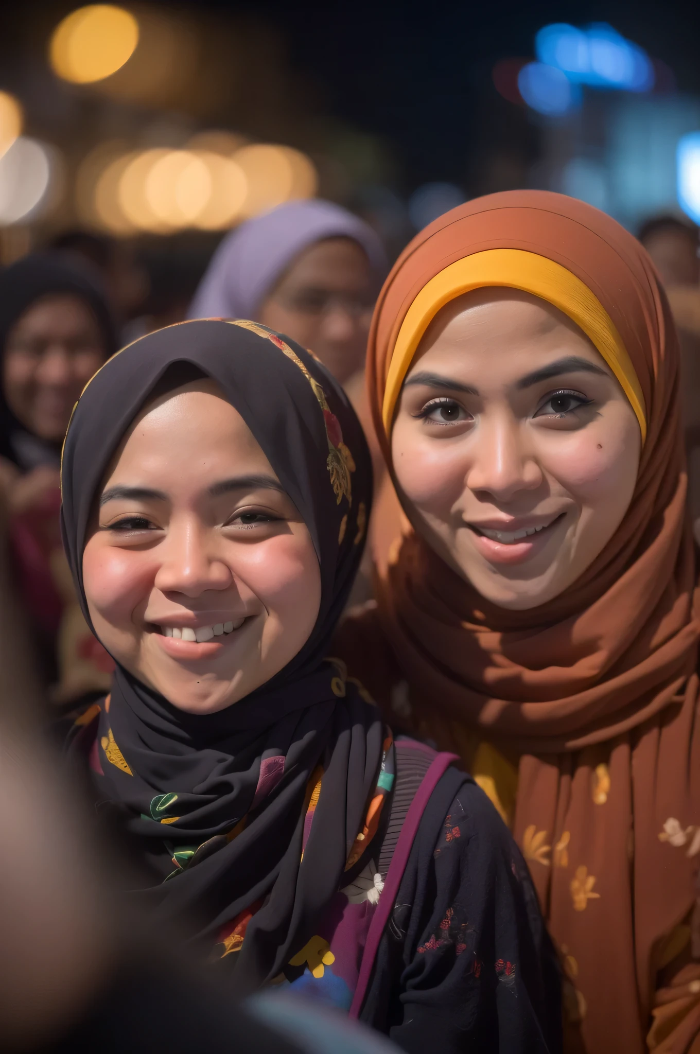 Portrait photography of a beautiful young Malay girl in hijab with 1 Malay man watching a concert, wear traditional Malay attire, nighttime, beach concert background, crowded concert, bokeh, bright lighting, smile and happy gesture, high quality, ultra detail, 8k, cinematic color,