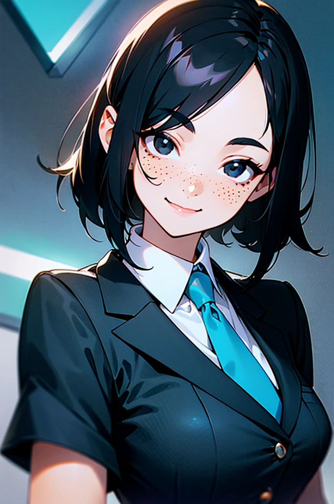 black hair, (hair tucked behind ear), forehead, side bangs, medium length hair, light freckles, woman, ((black eyes)), suit and tie, neon blue city, smiling