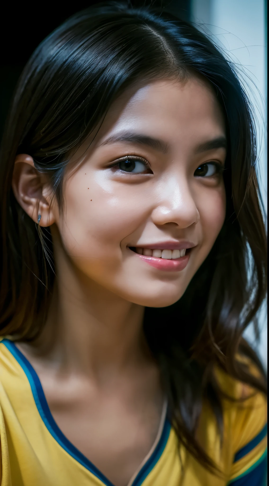 highest quality, epic realistic, ((in the pitch black darkness :1.4)), ((portrait:1.5)),(background: dark ) high contrast ,glorious picture, lowest lux, lighting face, she's comfortable, wearing nothing,  , looks incredible, (8k, Raw photo, Highest quality),(epic realistic:1.5), a woman, face,(detailed eyes:0.8),(looking at the camera:1.4), (Highest quality), ( high contrast, deep shadows),Intricate details,cinematic,((skin:1.4)), (long dark hair:1.3), long hair, messy ,(Hdr:1.5),Detailed, colors, Superior quality, Masterpiece, Raw Photo (20-year-old, looking at viewer), beautiful, (wearing plain yellow shirt,), perfect, natural, perfect composition, portrait, perfect face, smiling expression, Captivating eyes, Bright details, Tight lips, (High Skin Detail),, (blue tint: 0.6), (sale: 0.8), (bloody: 0.7), Key lighting , (backlight: 0.5), Medium depth of field, Canon 5d, 50mm lens, f/4 apertures, (Ultra-detailed, Complex detail), sharp focus, soft colors, 8k, Absurd, 80mm, dark background, photography, smiling, pinay, filipina, medium boobs,