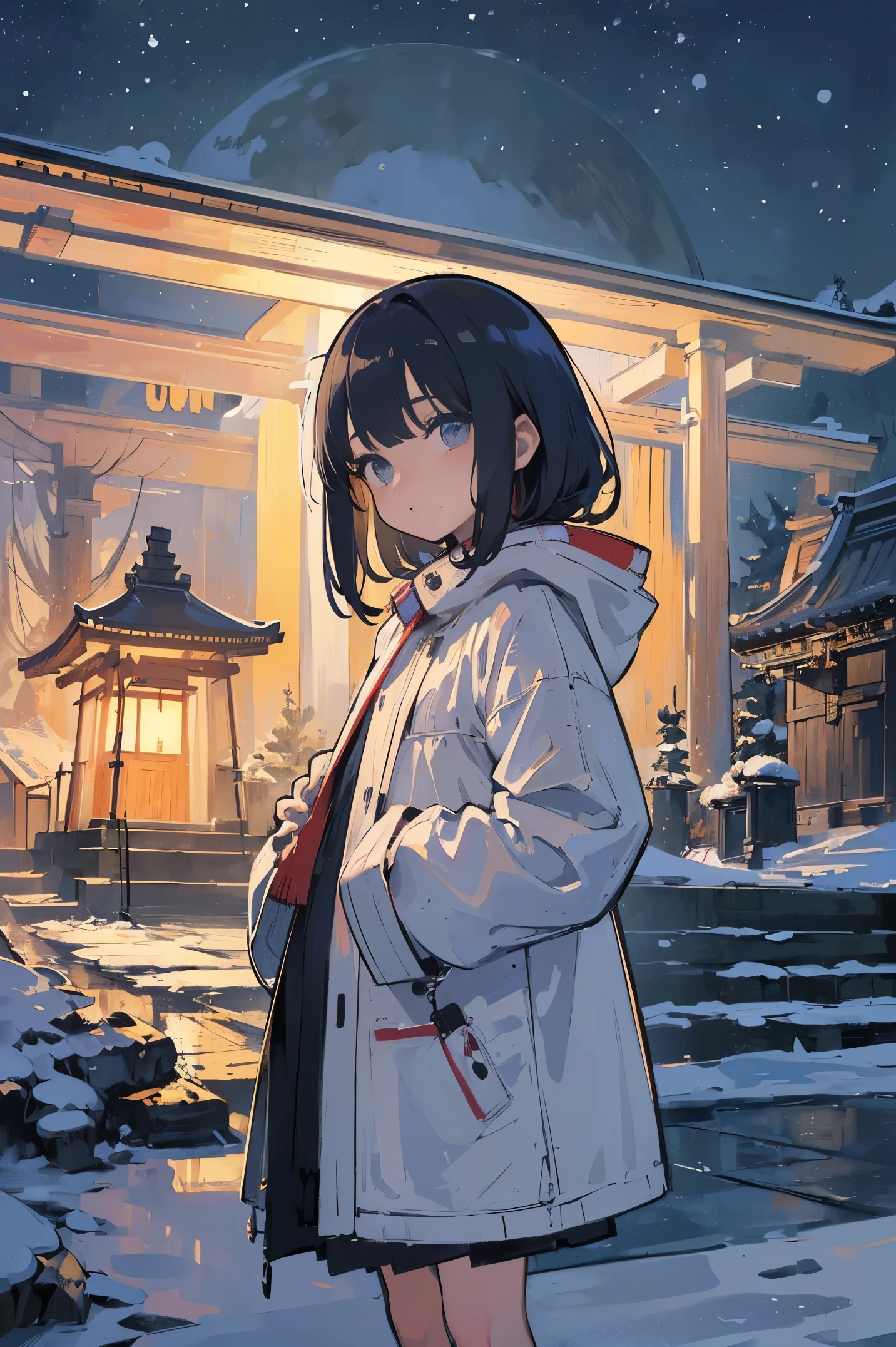 (masterpiece、top-quality、Official art:1.2)、Look at viewers、(Little Girl))、(Winter clothes,colorless hair)(nighttime scene)(With the illuminated New Year's bell in the background)(shrines),realisitic、(2D:1.5)