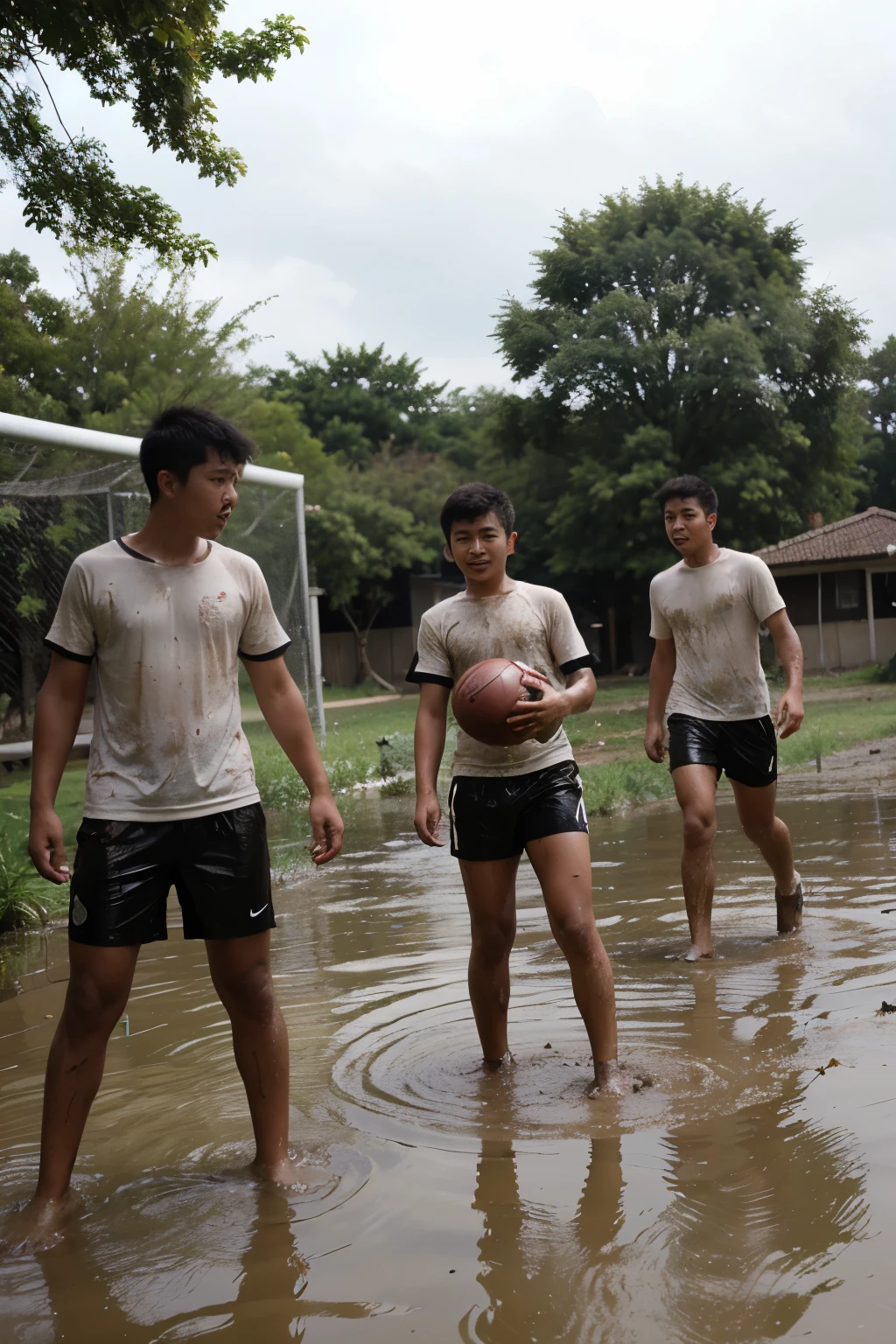 a group of  young malay boy playing football in yhe mud field