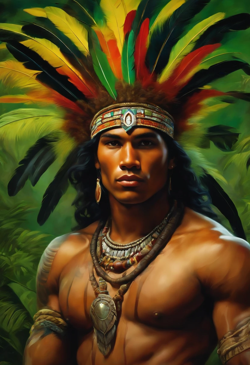 Painting of A strong and masculine young man ((man)), ((a most beautiful caboclo in the world)), 18 years old, indigenous, ((full body)), ((strong body, muscular legs)), ((headdress indigenous man with colorful feathers on his head)), long black hair, braided over his shoulders, ((green panther eyes, magnetic)), ((square face and sunken chin)), ((strong warrior expression)), (( hypnotic beauty)), and hot, indigenous body paintings, body and beauty of a God, half-nakeearing wild animal skin)), ((in the background a sacred temple in the middle of a forest on a moonlit night ful), ((baroque painting style)), ((with panthers and jaguars))