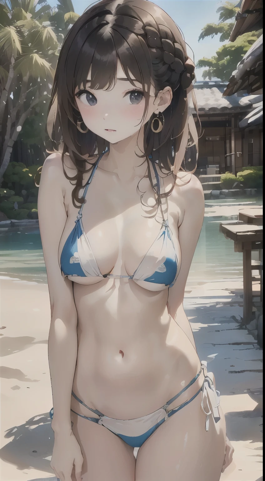 Summer Sea、White sandy beach、Palm trees、Luxury Resort Facilities、japanaese girl、The bikini、Incredibly small breasts、small tits、light eyebrow、24years old、Brown hair、Braided hair、parfect anatomy、skin tanned、Brown-skinned、Textured skin、detailed hairs、Random Poses、red earrings、Super Detail、ultra-detailliert、top-quality、masuter piece:1.3、Best Quality、hight resolution