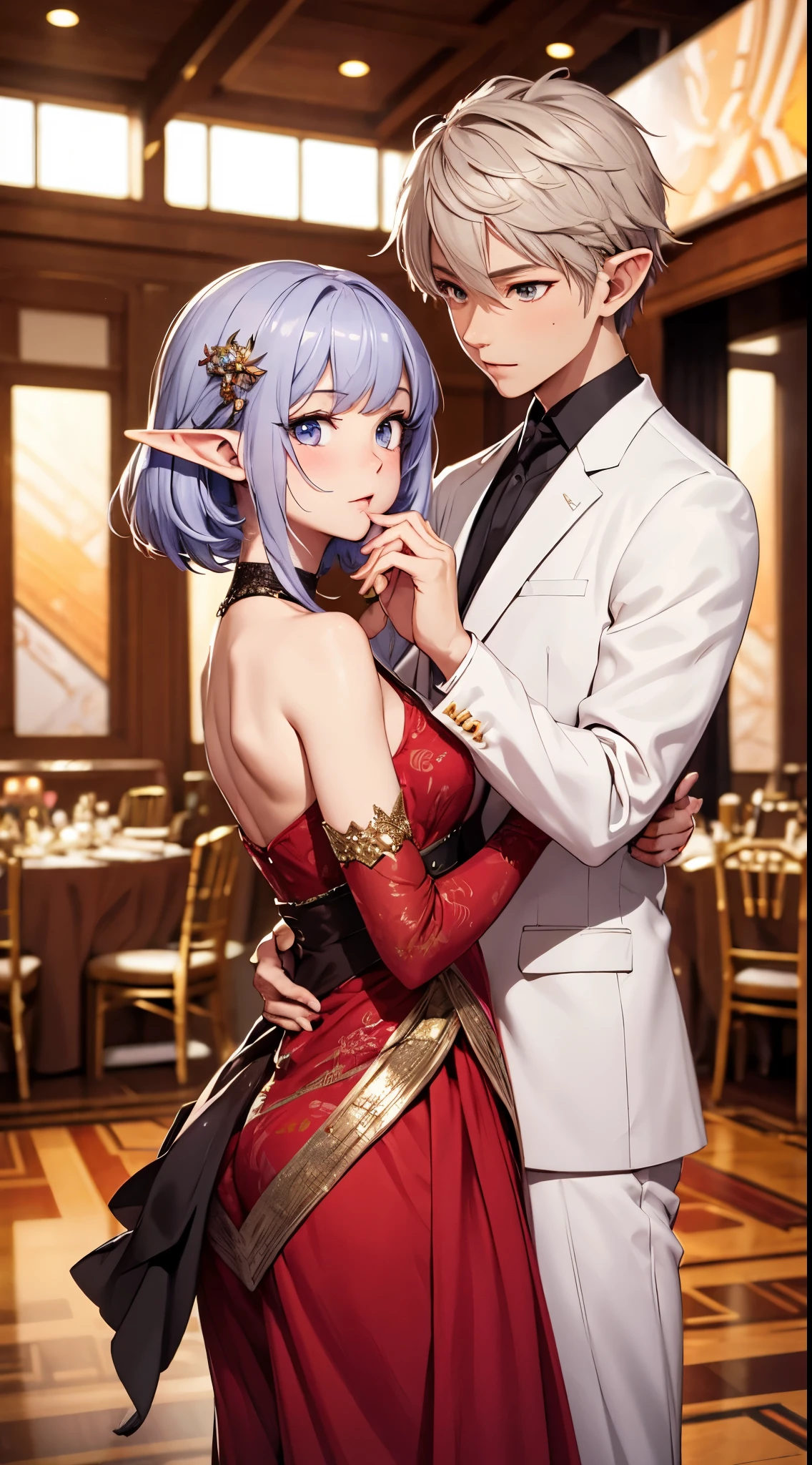 1 guy with her partner, 1 elf girl dancing in the ballroom, holding hands, looking into each other’s eyes, 
[Guy: [(short black haircut), blue eyes, handsome, white suit, holding the elf girl, hands around waist the elf girl's, looking each other's]]
[Elf girl: [silver hair, Blunt bangs, long hair, purple eyes, red dress, ruby necklace, elegant, hands holding the guys his clothes, passionate, blush, looking each other's]],

BREAK,

((masterpiece )), (top quality), (best quality), (((ultra-detailed, 8k quality))), (large masterpiece digital art), (detailed manga illustration), (detailed line art), ((perfect anatomy)), extremely detailed body, extremely detailed finger, best hands, perfect face, beautiful face, (blush), extremely detailed eyes, ((expressive eyes)), gradient eyes, beautiful eyes, perfect eyes, perfect fingers, Close Up, Dynamic From side

BREAK,

(intricate background of ballroom), Indoor, bokeh lighting, depth of field,  full body, group shot, design by Artgerm, by Kawacy, by Yoshitaka Amano,