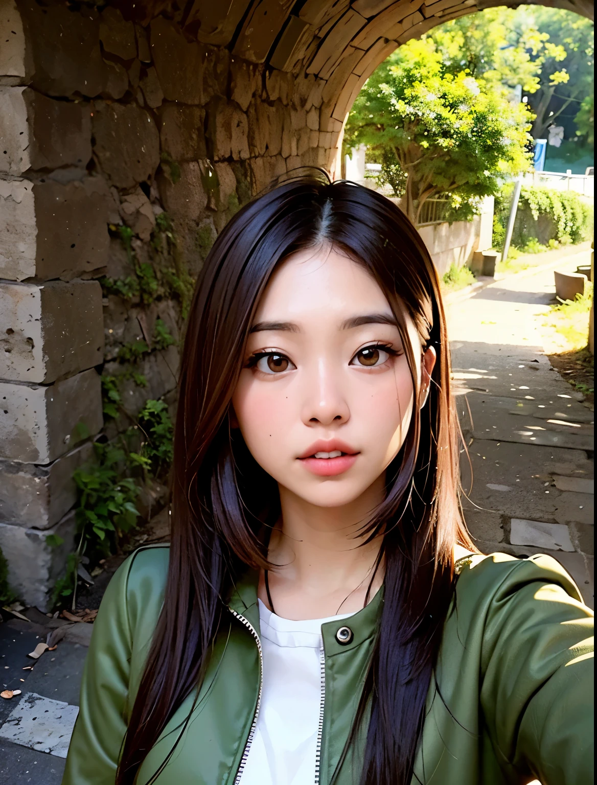 Beautiful, Japanese, woman20 years old, Small face with a straight nose and rose-like lips , smiling face, facing front, beautiful eye, beautiful face, beautiful hair, ponytail hair, beige hair, Red polka-dot skirt, light blue-green shirt, beige jacket,nike sneakers, photorealism, super detailed, Flalbest qualitylt, masterpiece, ultra-detalied, dynamic angle, crisp photo --auto --s2