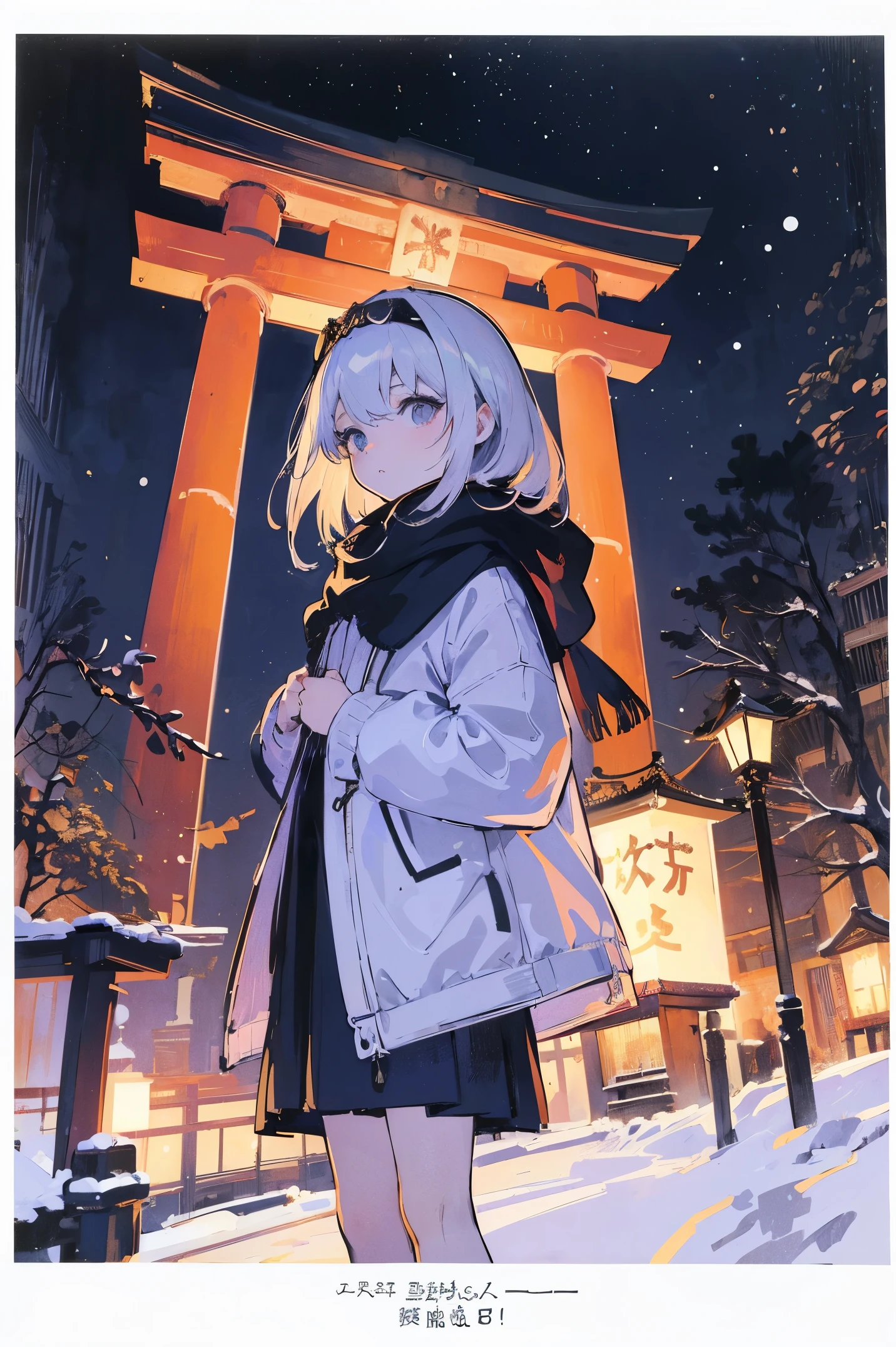 (​masterpiece、top-quality、Official art:1.2)、Look at viewers、())、（Winter clothes，colorless hair）（nighttime scene）（With the illuminated Meiji Shrine in the background）（Before the New Year&#39;s Eve Bell），realisitic、(2D:1.5)