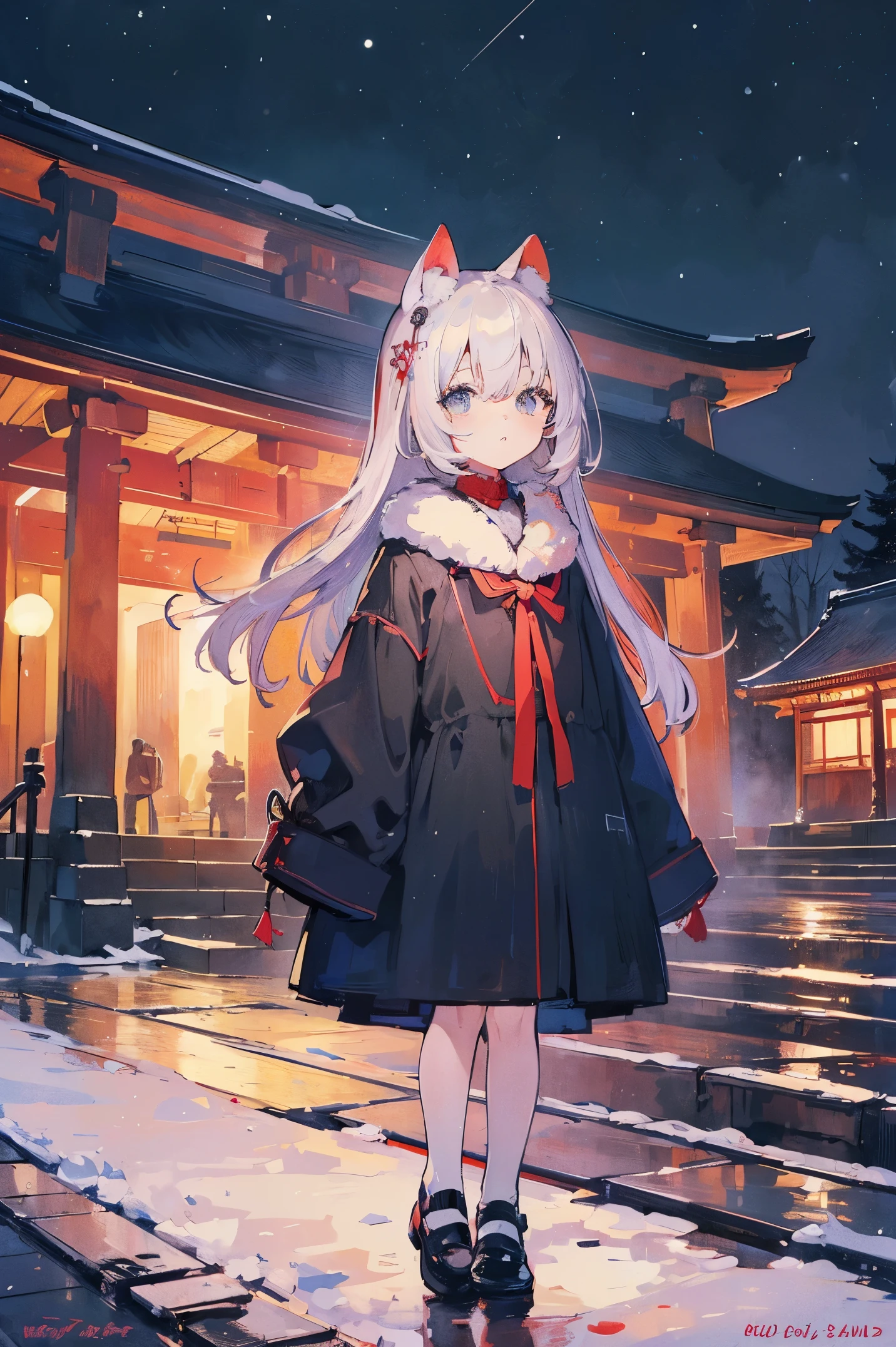 (masterpiece、top-quality、Official art:1.2)、Look at viewers、())、(Winter clothes,colorless hair)(nighttime scene)(With the illuminated Meiji Shrine in the background)(Before the New Year's Eve Bell),realisitic、(2D:1.5)