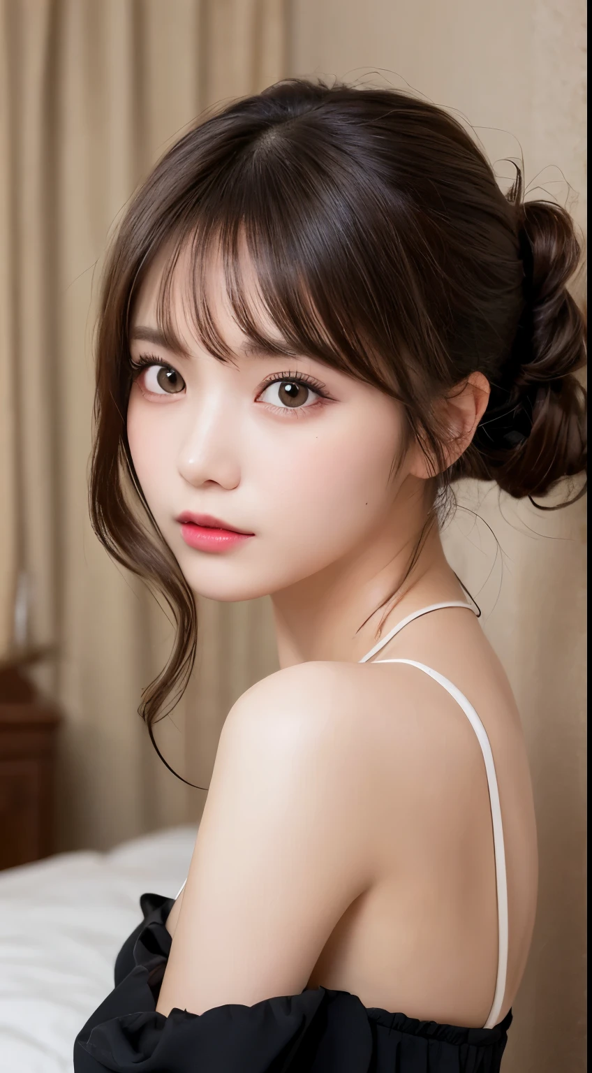 masutepiece, Best Quality, Illustration, Ultra-detailed, finely detail, hight resolution, 8K Wallpaper, Perfect dynamic composition, Beautiful detailed eyes,She's a Gal,Home,dark brown hair, Random and cute hairstyles, small tits, Natural Color Lip,luxury home bedroom, Random and cute poses,gal make,Blur the background