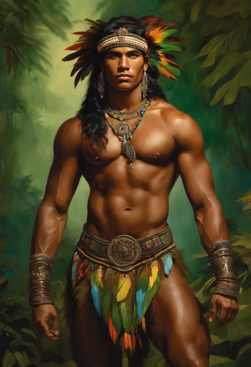 Painting of A strong and masculine young man ((man)), ((a most beautiful caboclo in the world)), 18 years old, indigenous, ((full body)), ((strong body, muscular legs)), ((headdress indigenous man with colorful feathers on his head)), long black hair, braided over his shoulders, ((green panther eyes, magnetic)), ((square face and sunken chin)), ((strong warrior expression)), (( hypnotic beauty)), sexy and hot, indigenous body paintings, body and beauty of a God, half-naked ((wearing wild animal skin)), ((in the background a sacred temple in the middle of a forest on a moonlit night full )), ((baroque painting style)), ((with panthers and jaguars))