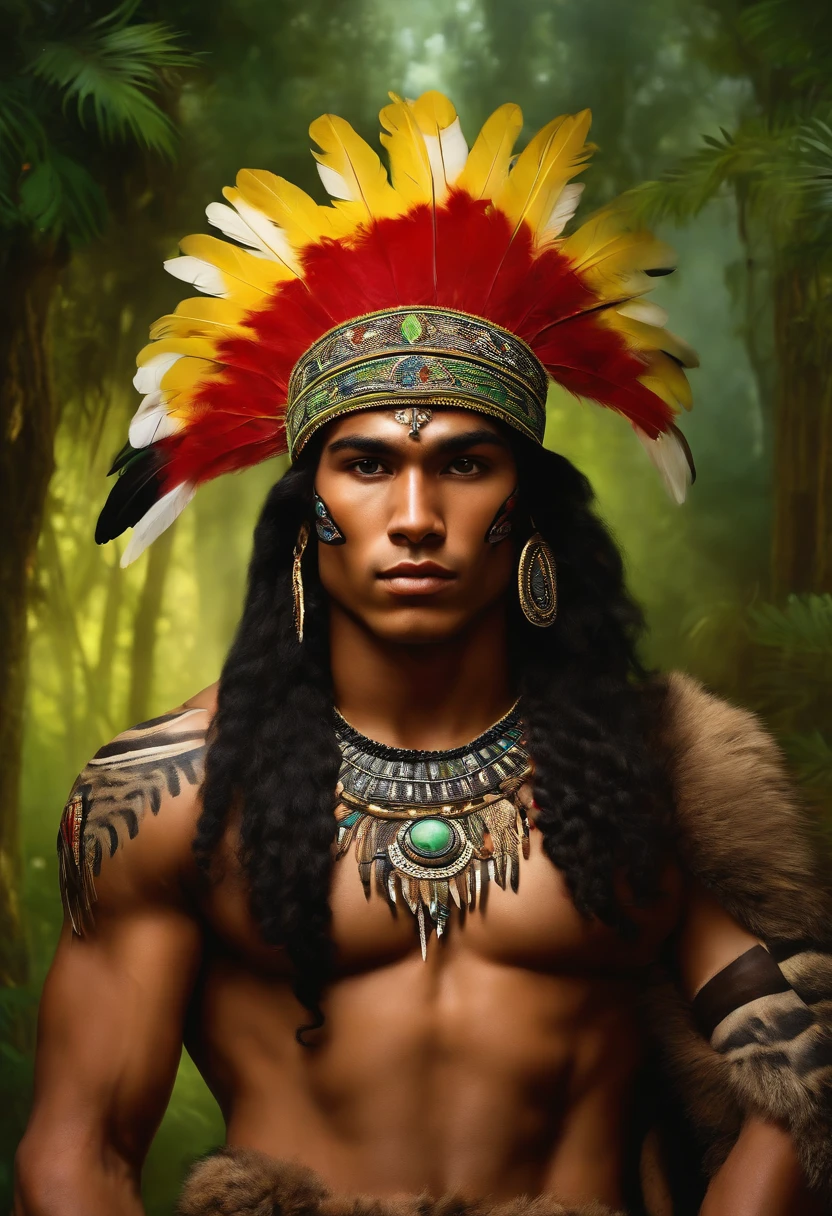 Painting of A strong and masculine young man ((man)), ((a most beautiful caboclo in the world)), 18 years old, indigenous, ((full body)), ((strong body, muscular legs)), ((headdress indigenous man with colorful feathers on his head)), long black hair, braided over his shoulders, ((green panther eyes, magnetic)), ((square face and sunken chin)), ((strong warrior expression)), (( hypnotic beauty)), sexy and hot, indigenous body paintings, body and beauty of a God, half-naked ((wearing wild animal skin)), ((in the background a sacred temple in the middle of a forest on a moonlit night full )), ((baroque painting style)), ((with panthers and jaguars))