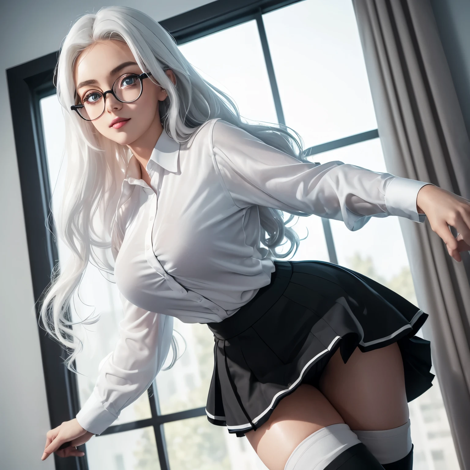 (best quality, 32k, RAW photo, incredibly absurdres, extremely detailed), anime, illustration, intelligent beauty, glasses, laugh like a prankster, happy, shy, white glossy flowing layered messy wavy iridescent medium hair, forehead, blue sparkling big eyes, full makeup, red alluring moist big thick lips, amorous expression, lewd expression, (white shirt, black miniskirt, black knee high socks, thighs:1.4), skirt lift, huge breasts, slender, perfect proportion, (delicate, flashy and dynamic depiction), professional lighting