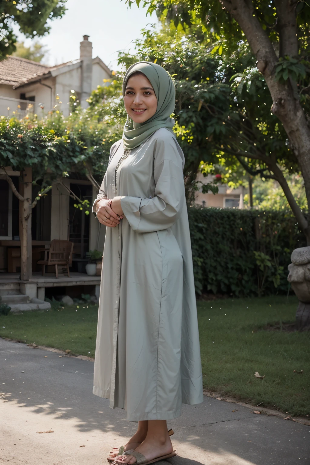 5D and 5K HD Super Ultra High resolution and realistic images of a muslimah 60-old, wear spactacles, smile a bit, woman wear a loose long light green hijab, Wear flowy green abaya . she stand. a calm village background with green trees. a house grey colour, very realistic images, very aesthetic images