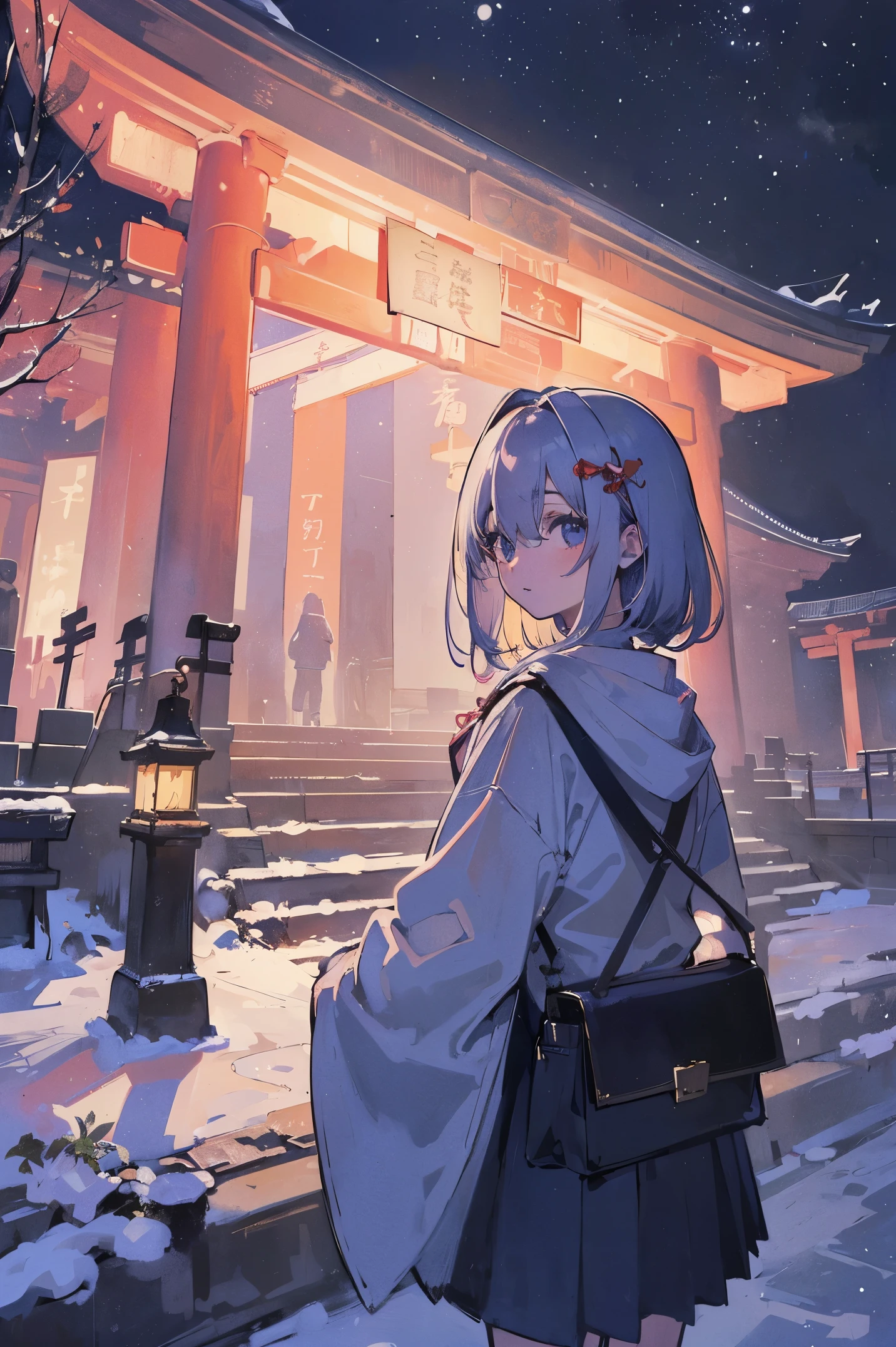 (​masterpiece、top-quality、Official art:1.2)、Look at viewers、(***********))、（Winter clothes，colorless hair）（nighttime scene）（With the illuminated Meiji Shrine in the background）（Before the New Year&#39;s Eve Bell），realisitic、(2D:1.5)