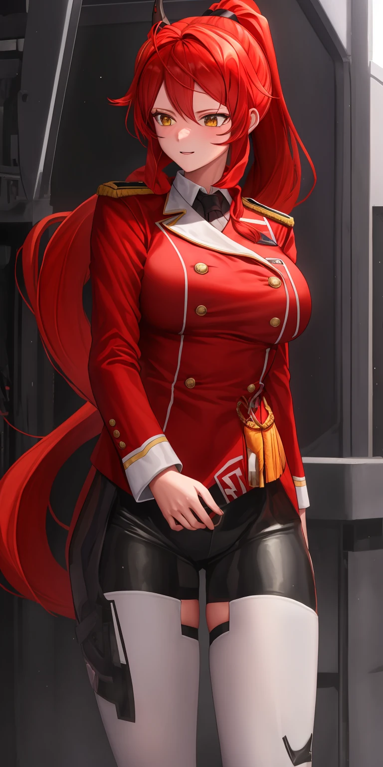 Red_Hood \\(Nikke)\\, Military uniform, (Big breast, Detailed retina, Red hair, ponytail), 4k, winning award, cyber horn, high rank officer