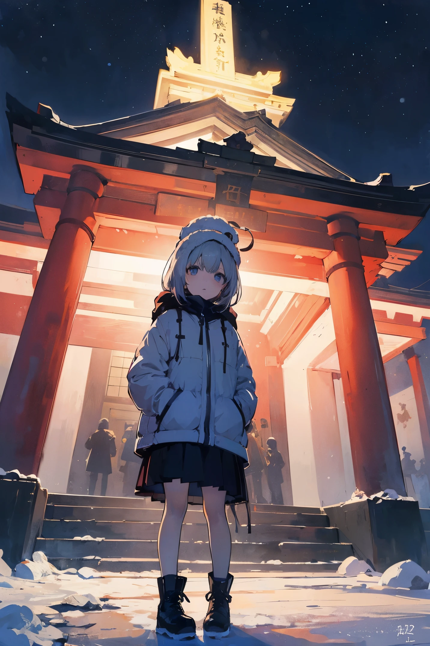 (masterpiece、top-quality、Official art:1.2)、Look at viewers、())、(Winter clothes,colorless hair)(nighttime scene)(With the illuminated Meiji Shrine in the background),realisitic、(2D:1.5)