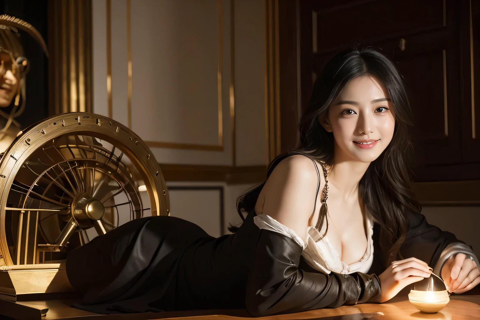 female mathematician,Ancient Greek costumes,Astronomical machinery,antique,A smile,,Sweet and seductive appearance.、Caravaggio's paintings、Chiaroscuro of Caravaggio,,Cute smile, Expression of ecstasy,erotic,A sexy