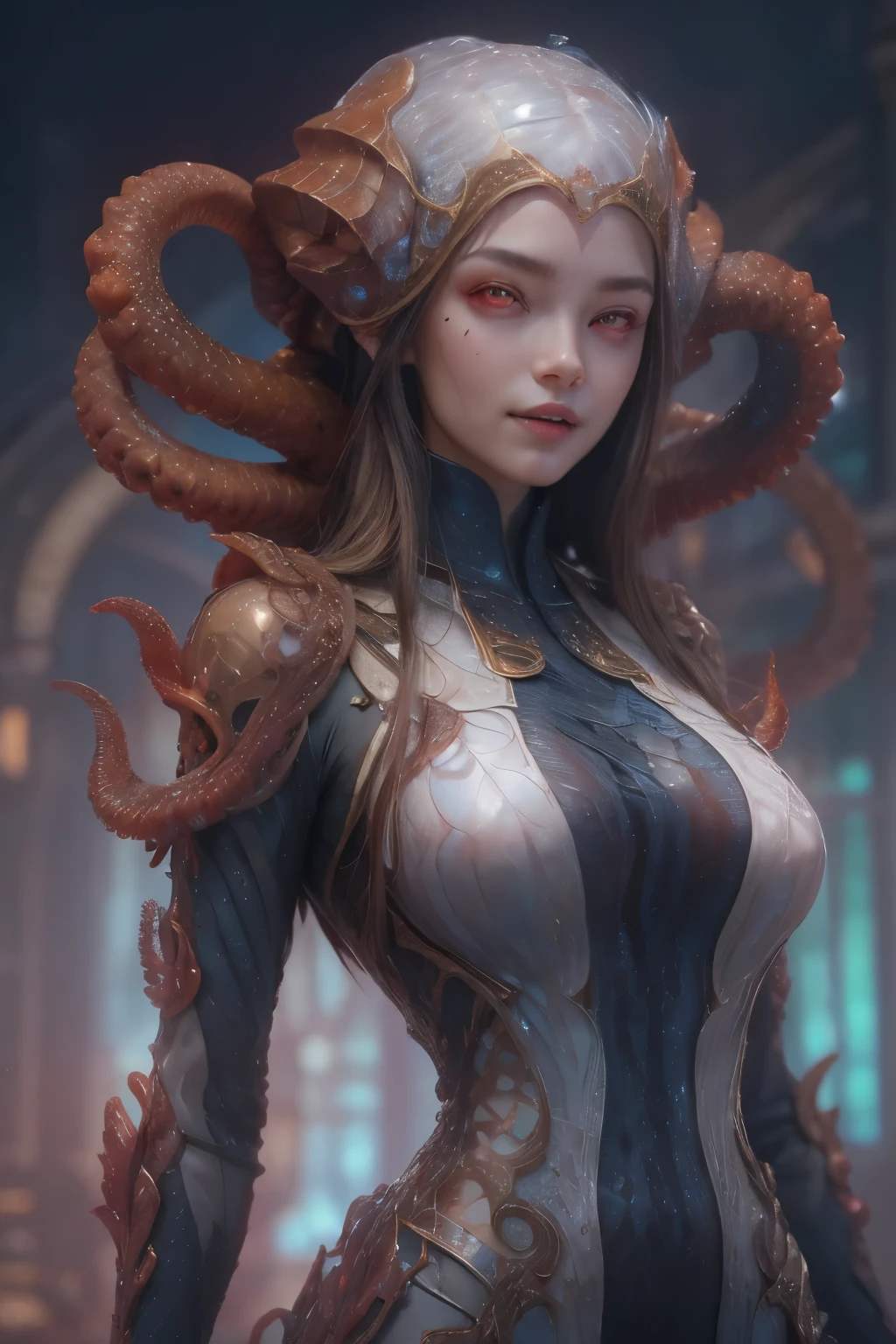 (1 beautiful and obscene female alien:1.4), (There is a female genital-like organ in the middle of her forehead:1.95), SHe has medusa-like hair, (there are lots of translucent tentacles from her head like her hair:1.8), (vulgarity1.7), (she is looking at viewers with glowing red eyes with no pupils:1.8), (She has translucent pale skin:1.7),(She has the most beautiful face in the history of the universe:1.2), (She has multiple bioluminescent organs on the side of her tentacles:1.4), (Her body is covered with an iridescent exoskeleton:1.6), (She is showing her arm pits:1.4), an evil gaze that seduces, (large mouth:1.1), (sharp teeth like a vampire:1.2), Full body portrait, (bio luminescent:1.5), (Smile wickedly:1.3), (sexypose:1.5), alien, No humans, cells are fused, extraterrestrial, cell, bio image, ultra high resolution, (photos realistic:1.7), (Numerous award-winning masterpieces, with incredible detail, textures and maximum detail), High freshness, Dramatic Lighting, cinematic quality, (exquisite details:1.2), High freshness, drawing faithfully, (Thick eyebrows:1.2), Beautiful eyes with fine symmetry,(Highly detailed face and eyes:1.2),(Super detailed skin quality feeling:1.4), perfect anatomy, (Beautiful toned body:1.5), (Moist skin:1.2), not wearing makeup, (dark circles:1.1), long canines, cinematic drawing of characters, cinematic quality, (exquisite details:1.2), high resolution, High freshness, drawing faithfully, official art, Unity 8K Wall paper, ultra detailed artistic photography, midnight aura, unreal engine 5, Ultra Sharp Focus, art by Amano Yoshitaka, ArtGerm, Roisch, intricate artwork,ultra realistic realism, dream-like, Creation of fantasy, dream Snail, (biopunk nautilus:1.3),Thrilling color schemes, seductively smiling, Amazing mutation, well-proportioned body, goddess of the deep sea, fractal, Geometric pattern, impossible figures,(asymmetry:1.4), (white tentacles with blue stripes:1.4), subtle emerald green accents, (expression of ecstasy:1.6)