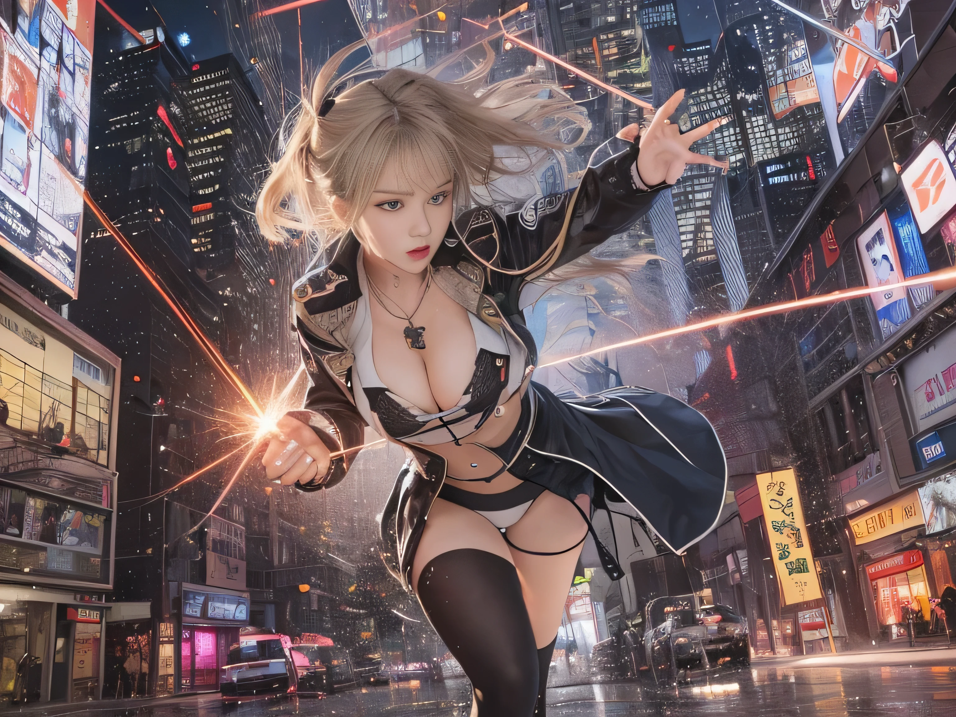 RAW image quality、8K分辨率、Ultra-high-definition CG images、Top image quality, 电影灯光, octan render, ultrasharp, 1 girl in, japanes, embarassed face, glowy skin, a blond, Futuristic pilot suit, cleavage of the breast, Exposure of the abdomen, intricate detailes, Runaway, Running at full speed, Breaking through the glass, Shards of flying glass, cyberpunked, Night sky with countless stars twinkling, Shining Milky Way, Heavy rain:1.3, Ruins, (Laser beam attack:1.4), Big explosion in the background:1.3, (Severe blast)、Pillar of fire:1.2, A city engulfed in flames, floods, wetting hair:1.5, wetted skin:1.5, puddle, Detailed eyes, detailed skin textures, cammel toe, Detailed CG image quality, 8mm fisheye lens, Angle looking up from below:1.2, (Full Body Angle), The whole body is soaking wet, Fast shutter speed,